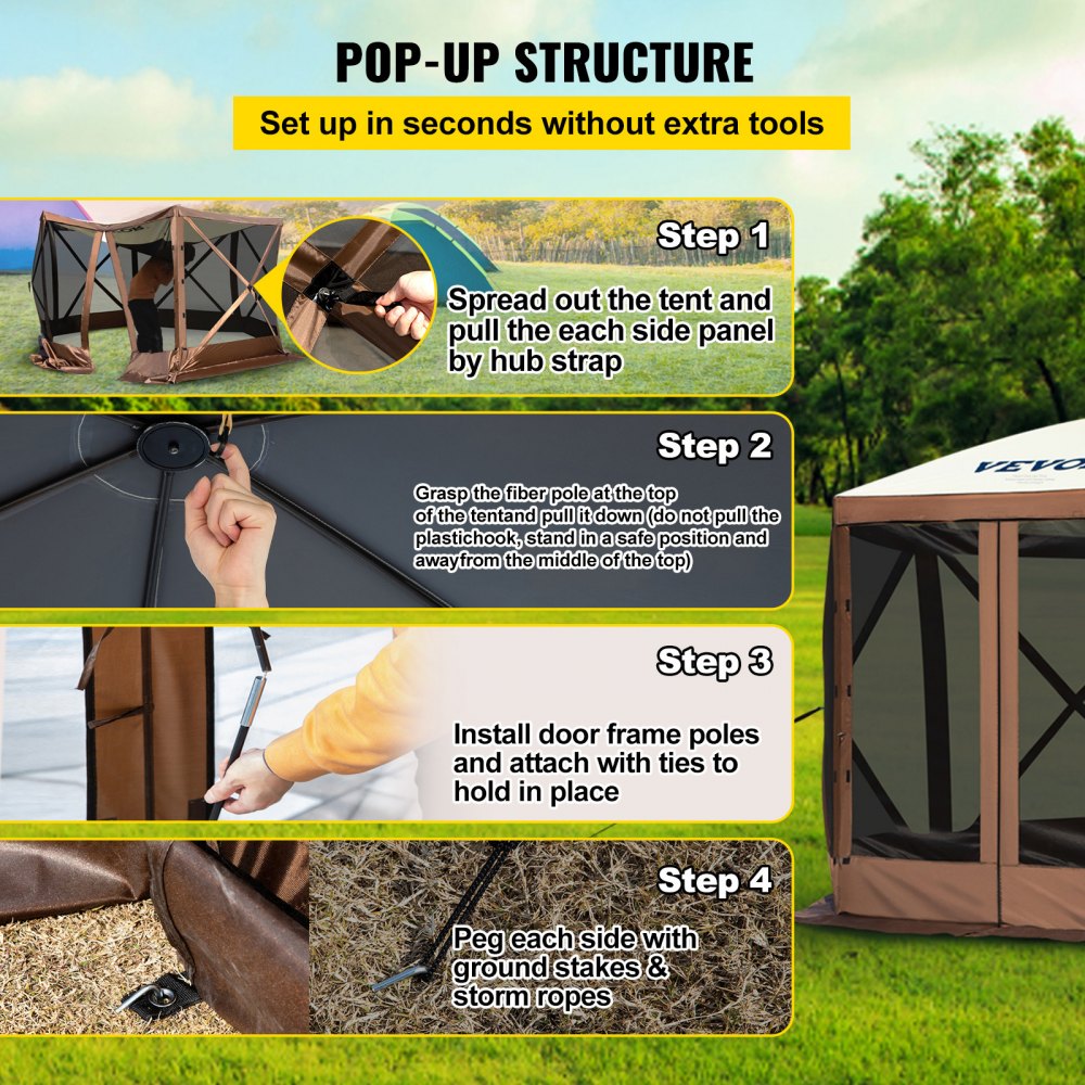 Carpa de sombra VEVOR Gazebo, 3 x 3 m, toldo de camping desplegable de 6 lados con ventanas de malla, bolsa de transporte portátil, estacas de tierra, carpas de sombra grandes para acampar al aire libre, césped y patio.