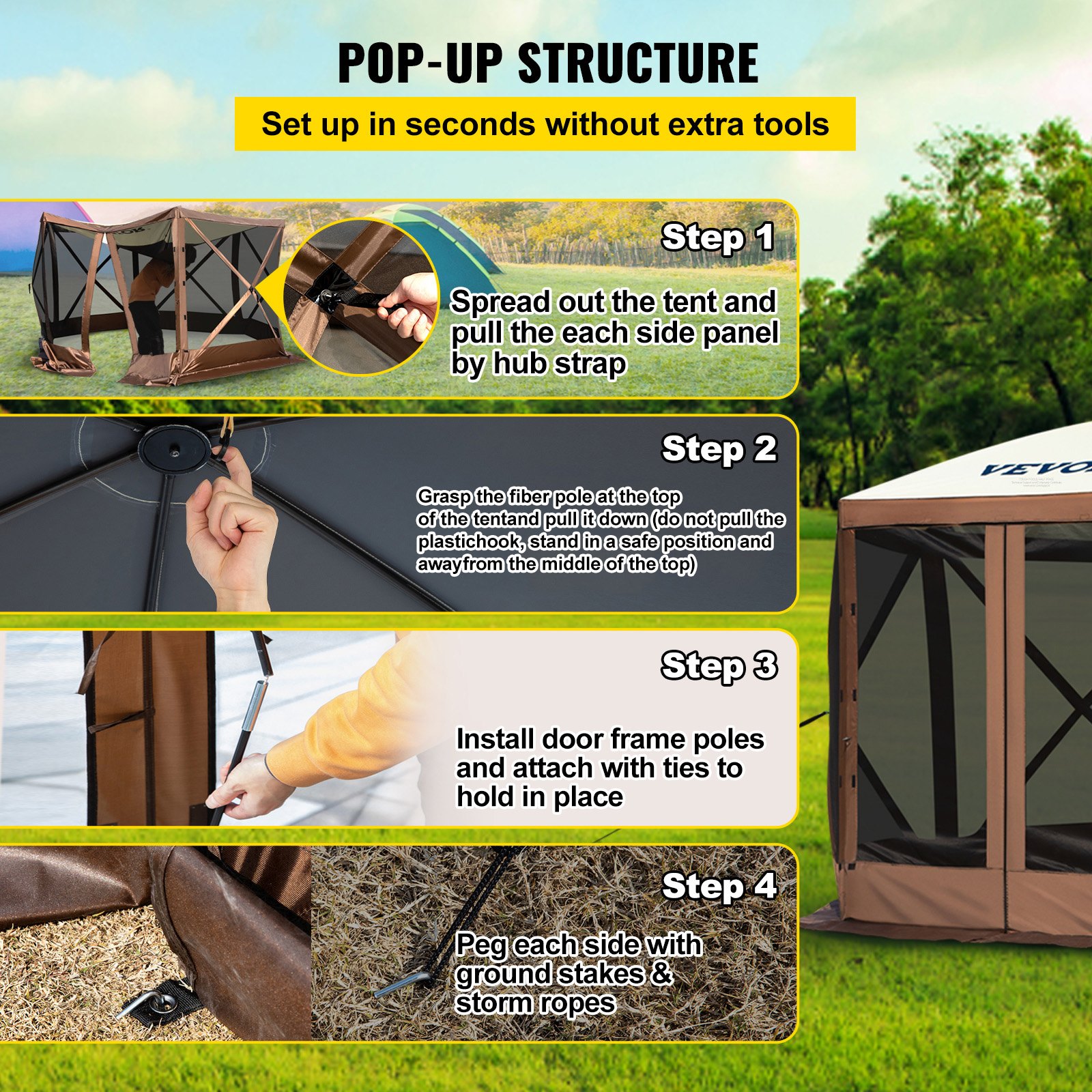 Carpa de sombra VEVOR Gazebo, 3 x 3 m, toldo de camping desplegable de 6 lados con ventanas de malla, bolsa de transporte portátil, estacas de tierra, carpas de sombra grandes para acampar al aire libre, césped y patio.