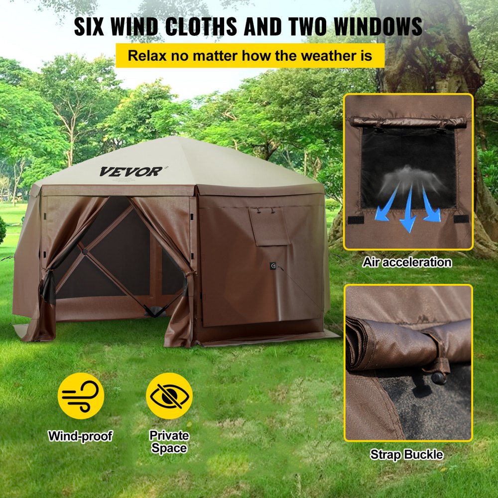 Tienda de campaña plegable VEVOR Gazebo de 3,6 x 3,6 m, con 6 lados, ventanas de malla, bolsa de transporte portátil y estacas para el suelo. Ideal para acampar al aire libre, jardín y patio.