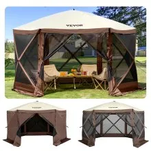 VEVOR Carpa para acampar con pantalla Gazebo, 12 * 12 pies, carpa con toldo emergente de 6 lados con ventanas de malla, bolsa de transporte portátil, estacas, carpas grandes para acampar al aire libre, césped y patio trasero, marrón/beige