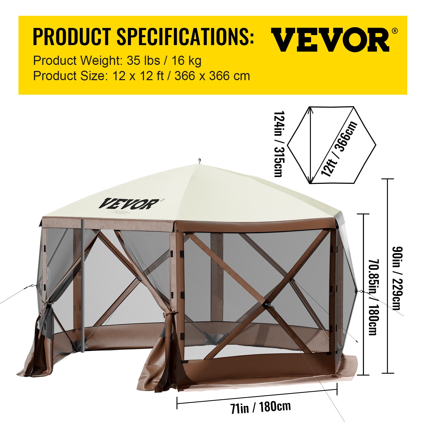 Tienda de campaña plegable VEVOR Gazebo de 3,6 x 3,6 m, con 6 lados, ventanas de malla, bolsa de transporte portátil y estacas para el suelo. Ideal para acampar al aire libre, jardín y patio.