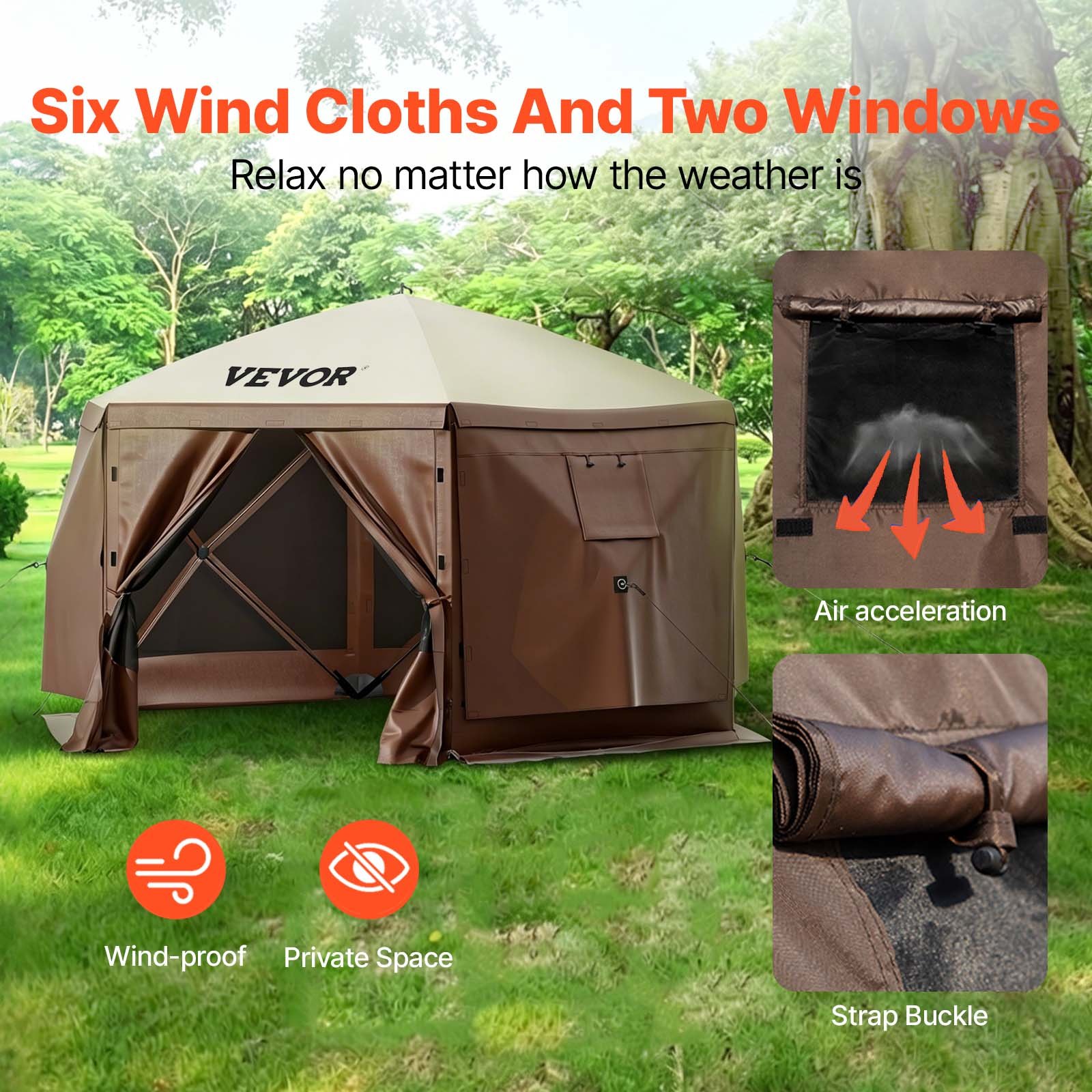 Carpa tipo cenador VEVOR, 3,6 x 3,6 m, carpa plegable hexagonal con ventanas de malla, bolsa de transporte portátil, estacas para el suelo, carpa de sombra grande para acampar al aire libre, césped y jardín.
