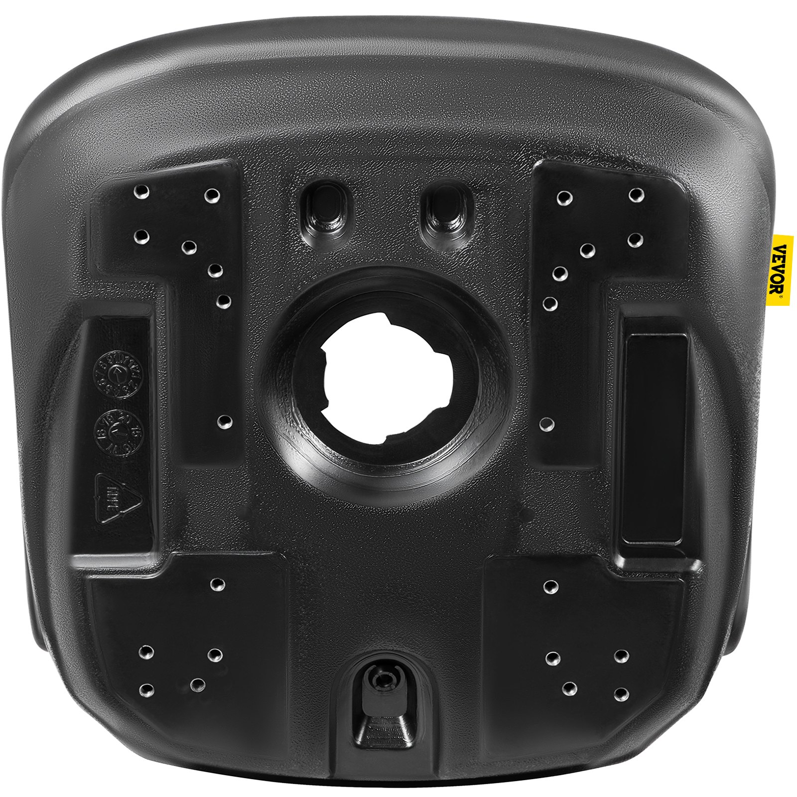 Asiento para tractor cortacésped VEVOR, base de plástico negro con orificios de montaje y recorte central.
