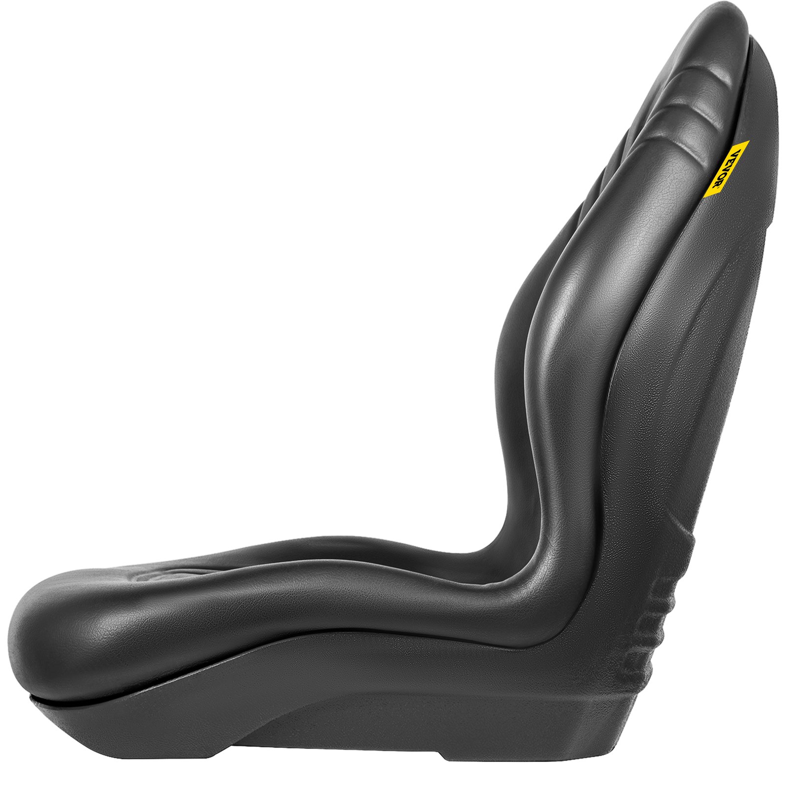 Vista lateral de un asiento de tractor cortacésped VEVOR negro con diseño ergonómico.