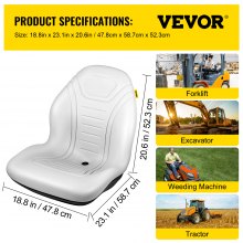 VEVOR Reemplazo universal de asiento de tractor, asiento compacto de respaldo alto para cortacésped, asiento de carretilla elevadora de vinilo gris, asiento de dirección deslizante con orificio de drenaje central con patrones de pernos de montaje de 8" x 11.5" y 11.25" x 11.5