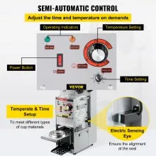 Máquina semiautomática de sellado de tazas VEVOR, máquina selladora de tazas de té de 300-500 tazas/h, máquina selladora de tazas Boba plateada, máquina selladora de tazas Boba de 90/95 mm de diámetro con panel de control para té con leche con burbujas