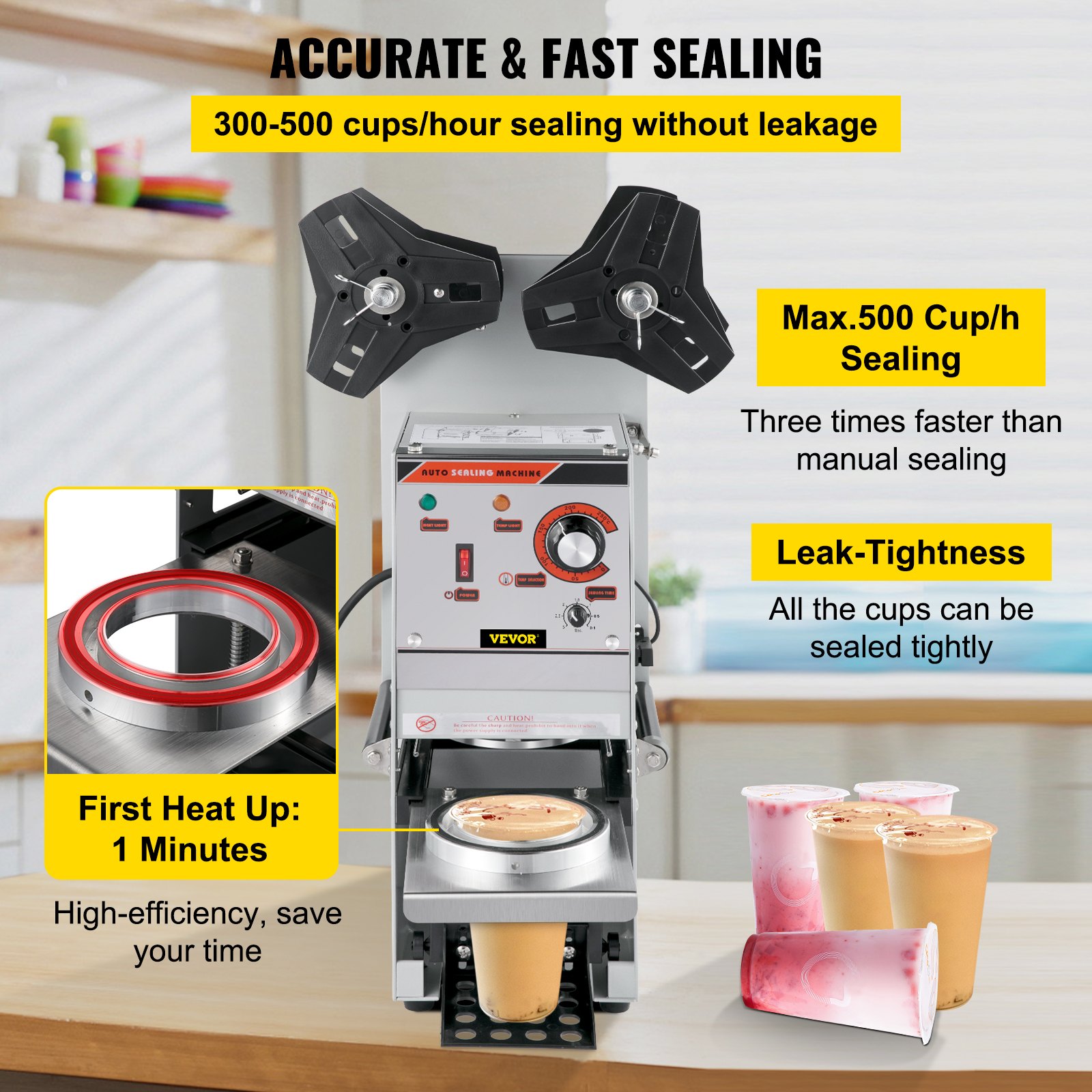 Selladora de vasos semiautomática VEVOR, 300-500 tazas/h, para té, color plateado, con diámetro de 90/95 mm y panel de control para té con leche de burbujas.