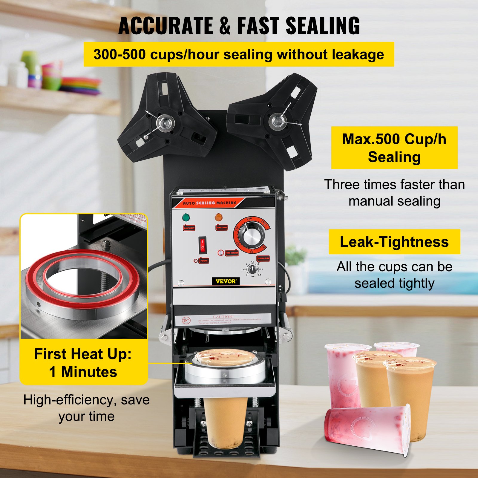 VEVOR Máquina selladora de tazas semiautomática, Máquina selladora de tazas de té 300-500 tazas/h, Máquina selladora de tazas Boba negra, Máquina selladora de tazas Boba de 90/95 mm de diámetro con panel de control para té con leche de burbujas