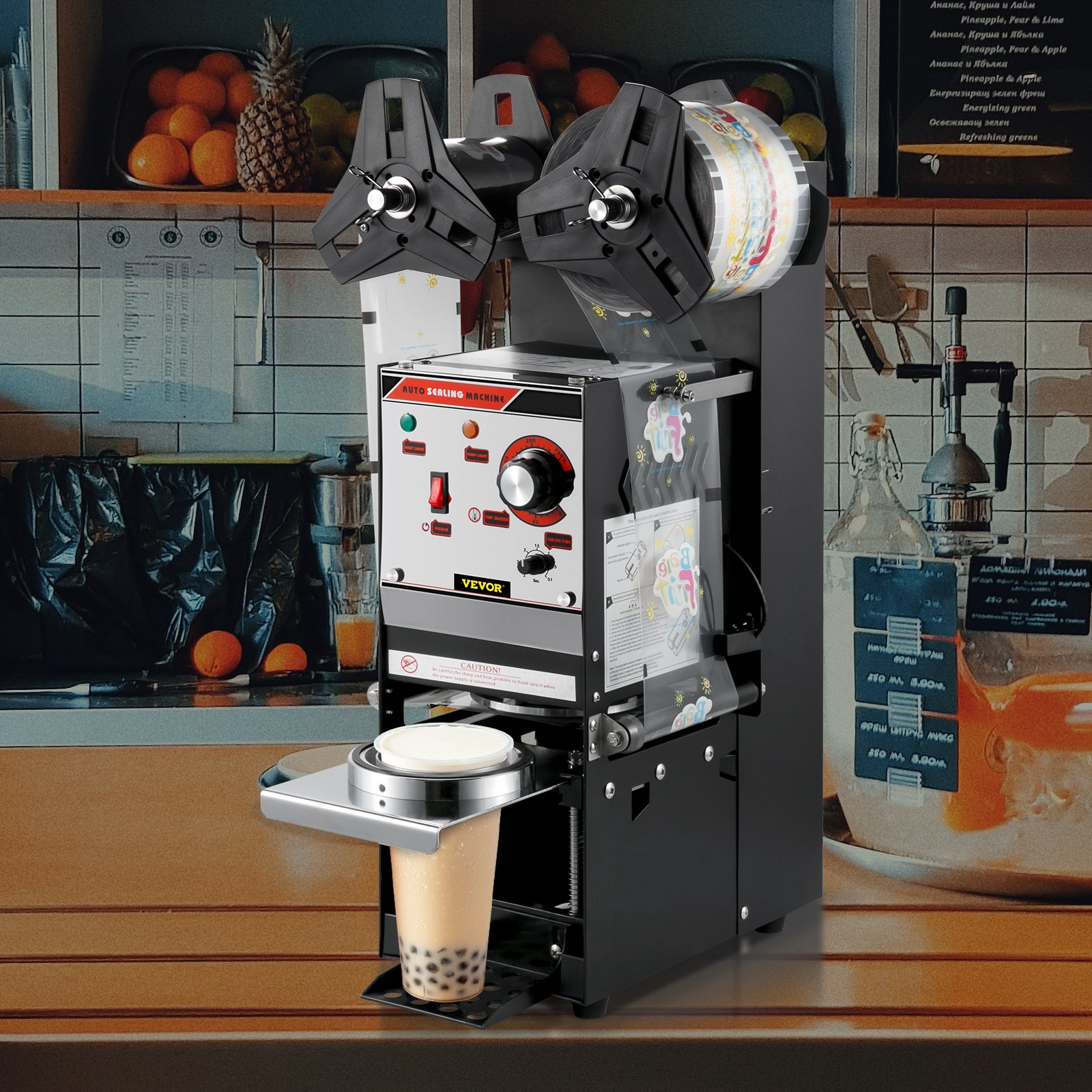 VEVOR Máquina selladora de tazas semiautomática, Máquina selladora de tazas de té 300-500 tazas/h, Máquina selladora de tazas Boba negra, Máquina selladora de tazas Boba de 90/95 mm de diámetro con panel de control para té con leche de burbujas