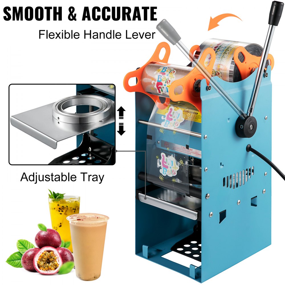 Selladora manual de tazas de té VEVOR, 300-500 tazas/h, máquina selladora de té Boba azul, diámetro de taza de 90/95 mm, con tecnología de calentamiento para té con leche de burbujas.