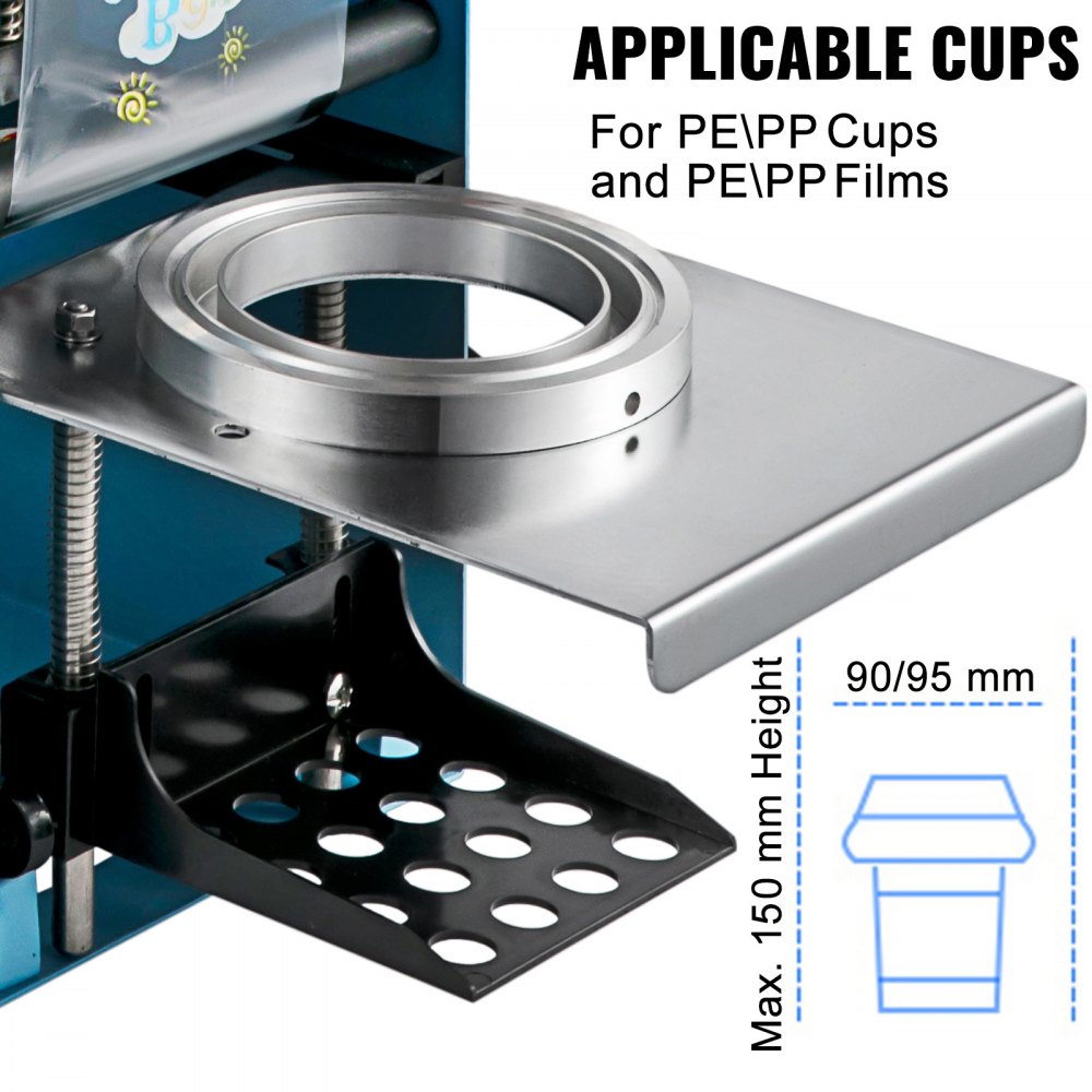 Selladora manual de tazas de té VEVOR, 300-500 tazas/h, máquina selladora de té Boba azul, diámetro de taza de 90/95 mm, con tecnología de calentamiento para té con leche de burbujas.