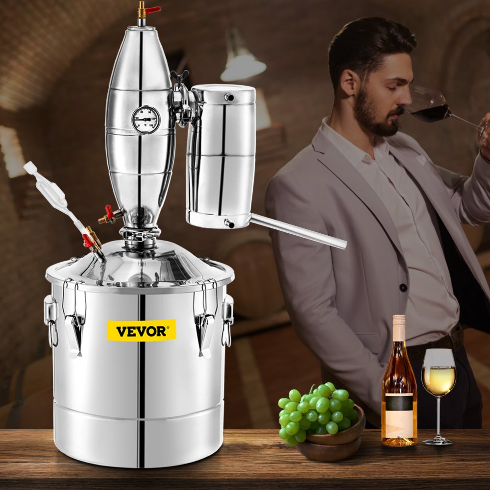 VEVOR - Destilador de agua y alcohol de 50 l y 13,2 galones, acero inoxidable 304, caldera para hacer vino, kit casero con termómetro para whisky, brandy y otros productos esenciales, color plateado