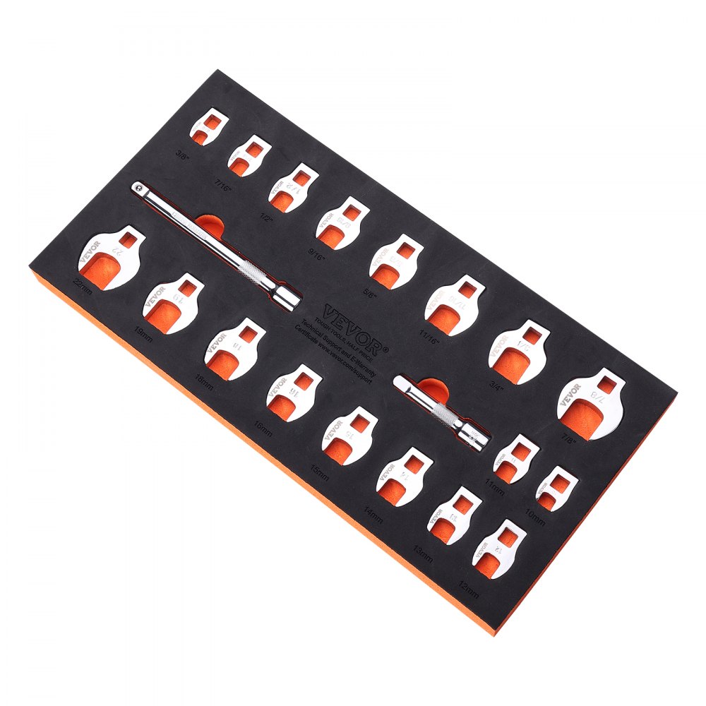 Juego de llaves de pata de gallo VEVOR con varios tamaños en un estuche organizador negro y naranja.