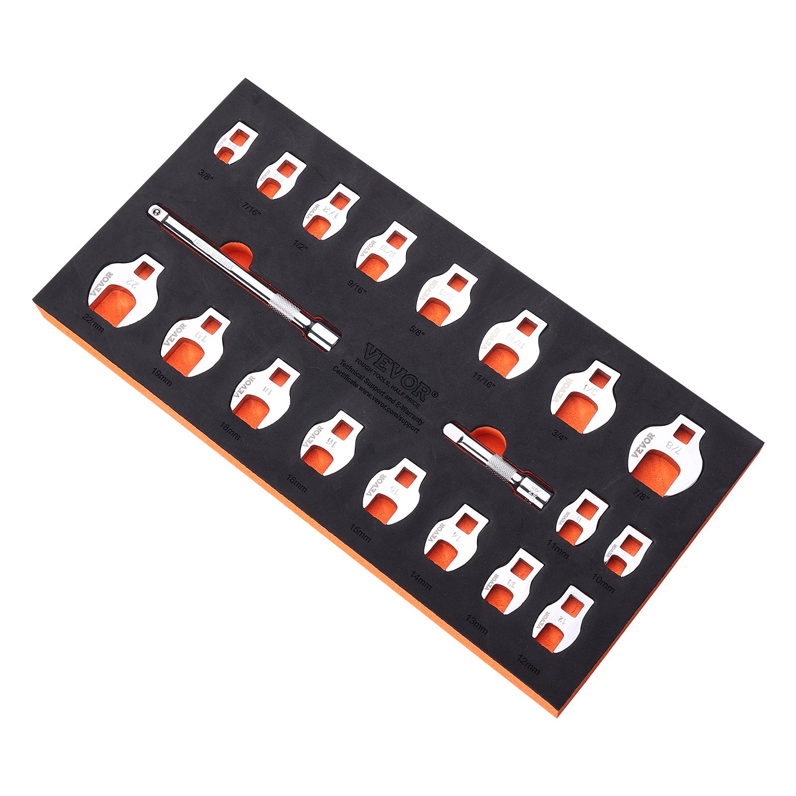 Juego de llaves de pata de gallo VEVOR con varios tamaños en un estuche organizador negro y naranja.