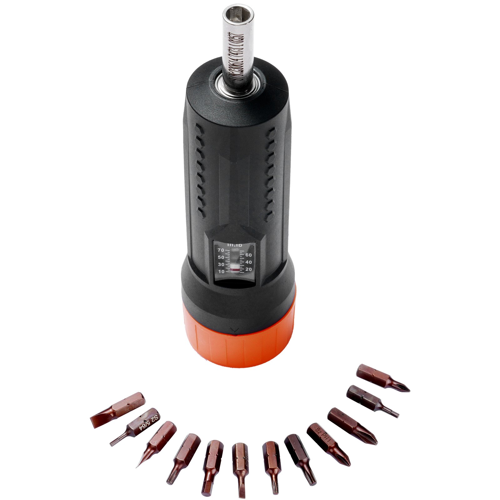 VEVOR Juego de llaves de destornillador dinamométrico de 1/4" | Rango de ajuste de par de 10-70 in-lbs | Destornillador dinamométrico de incremento de 1 in-lb | Juego de puntas de destornillador con ventana de visualización, 12 puntas y estuche, función magnética