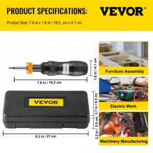 VEVOR Destornillador dinamométrico, destornillador de 1/4" llave dinamométrica, destornillador dinamométrico electricista 20-70 in/lbs rango de torsión preciso a ±5%, destornillador dinamométrico ajustable en pulgadas con puntas y estuche