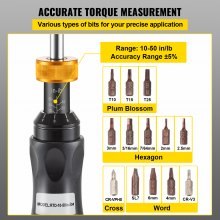 Destornillador dinamométrico VEVOR, destornillador de 1/4" Llave dinamométrica, destornillador dinamométrico Electricista 10-50 in/lbs Rango de par Precisión de ±5 %, cabezal de conversión de 1/4 a 1/2 con brocas y estuche