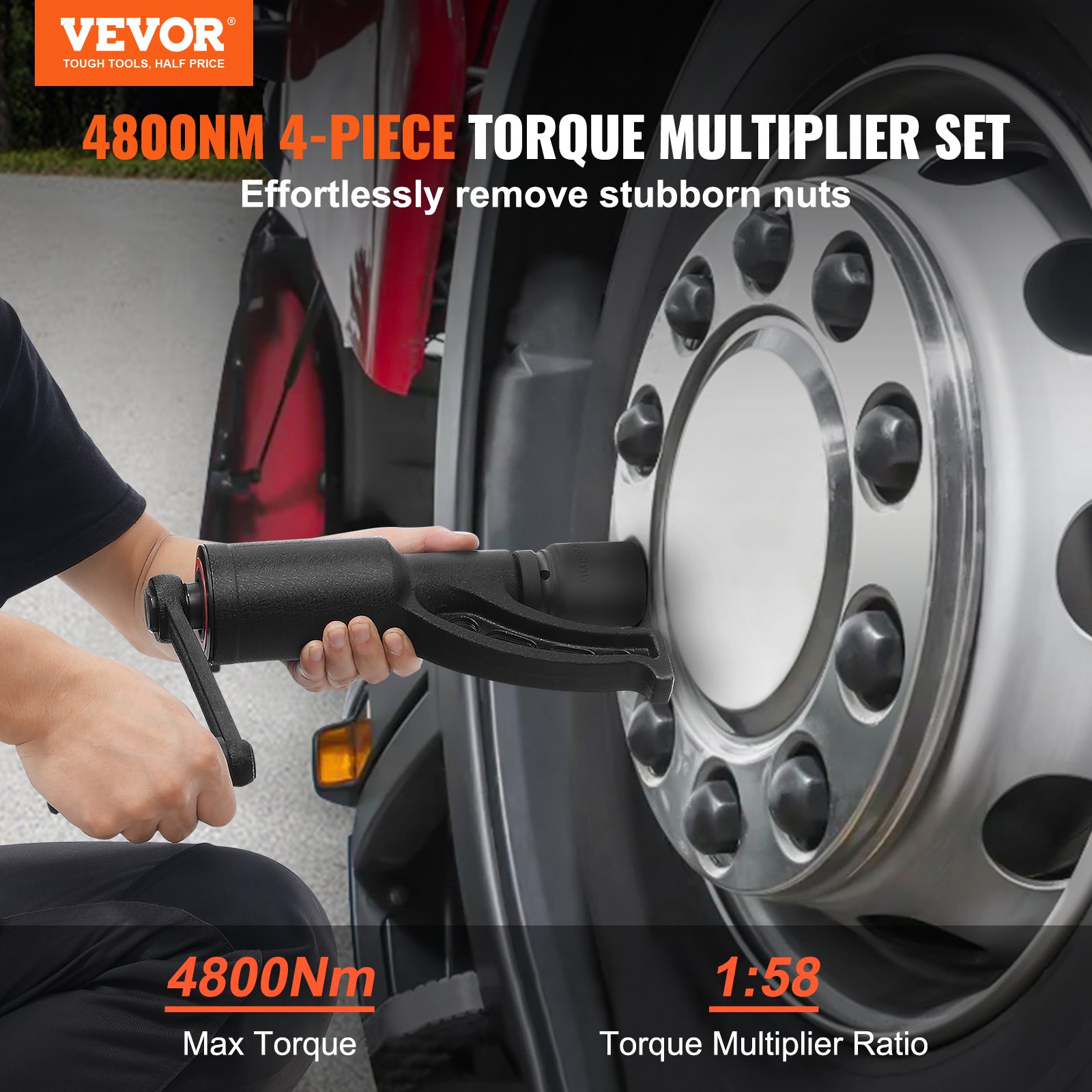VEVOR Multiplicador de par, juego de llaves multiplicadoras de par de alta resistencia, multiplicador de par de llave de tuerca de accionamiento de 1 pulgada, extractor de tuercas de rueda 1:58 4800 N.m, con 4 enchufes y estuche de almacenamiento para camión, remolque, RV
