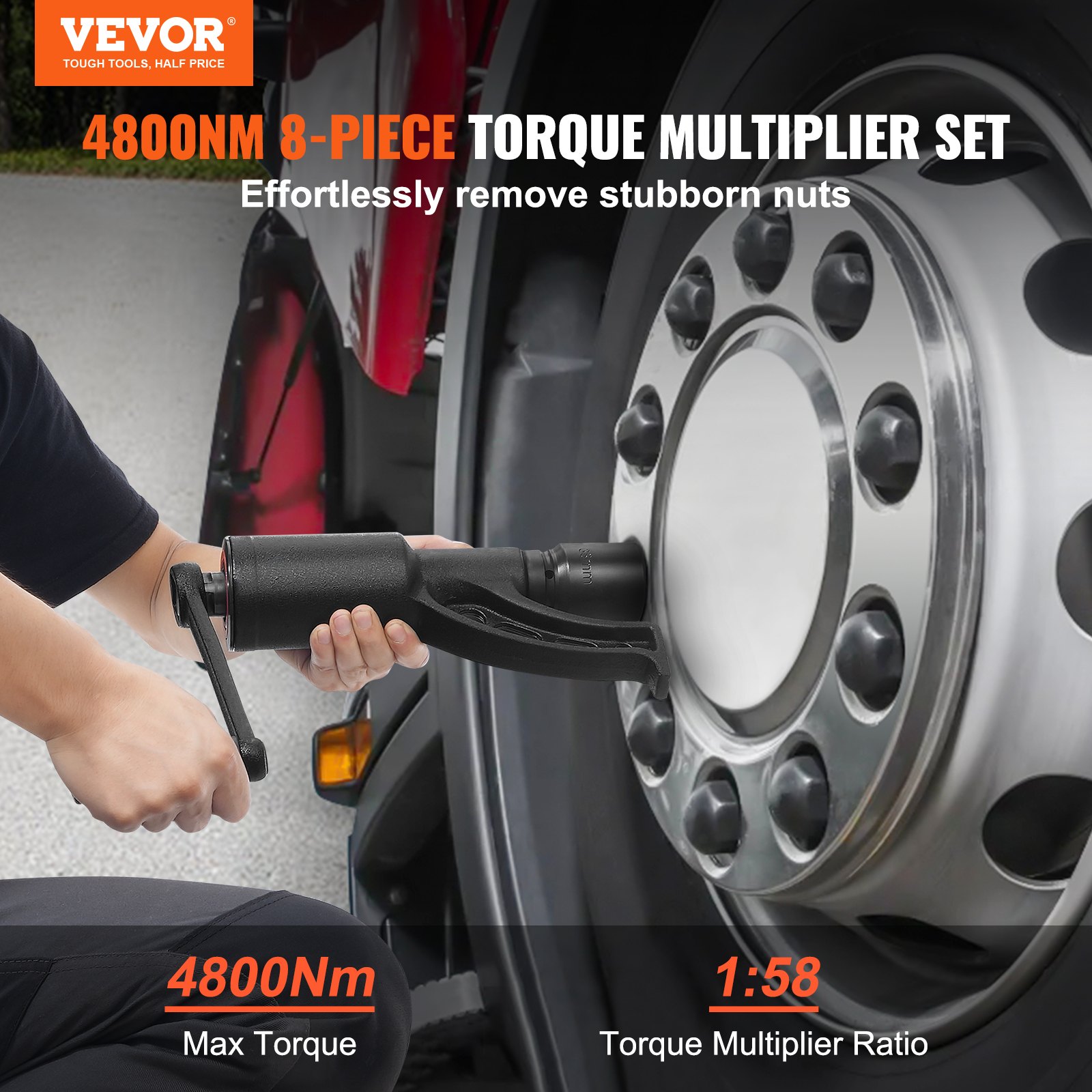 Llave multiplicadora de torsión VEVOR para quitar tuercas de ruedas de camiones, torque máximo de 4800 nm, relación 1:58.