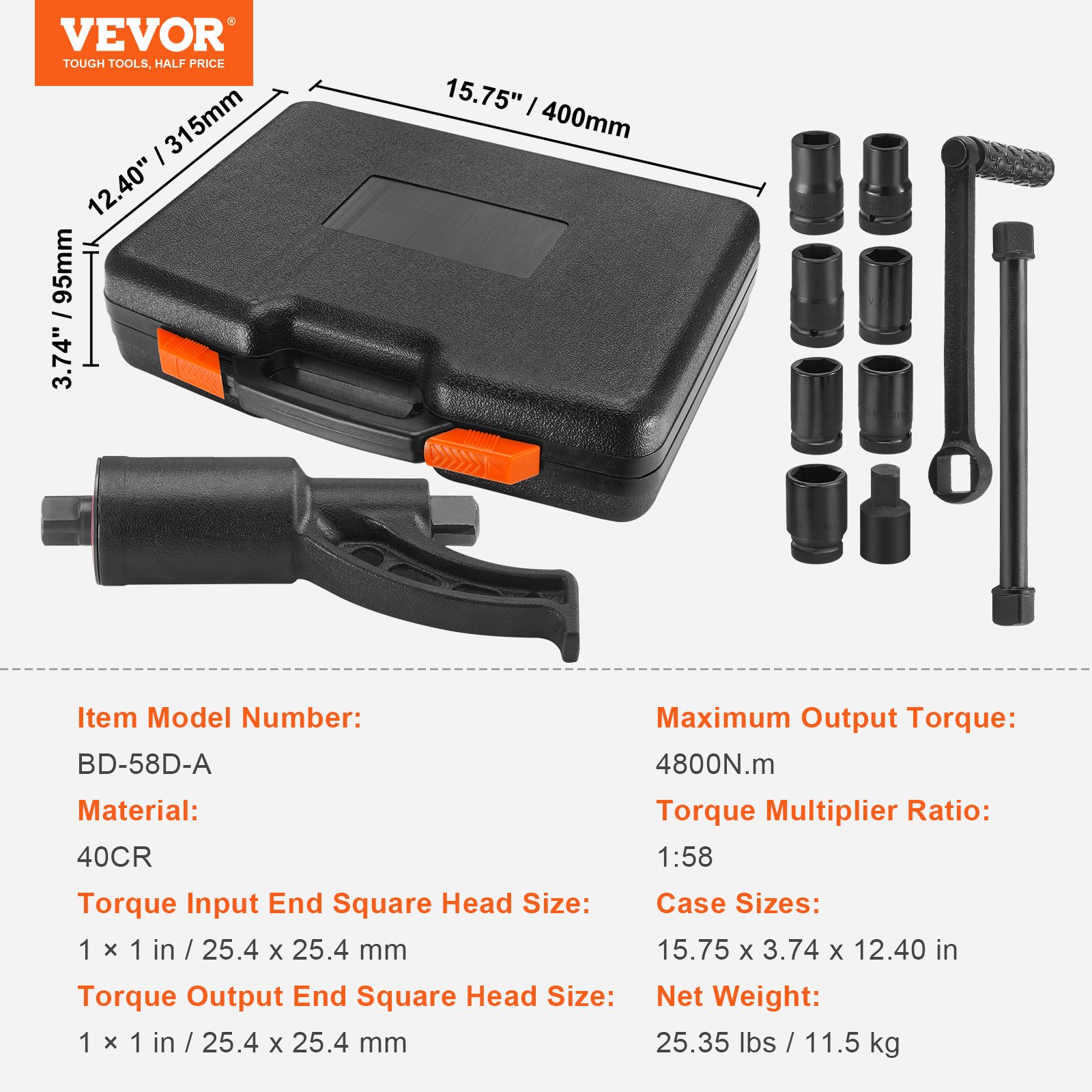 Llave multiplicadora de torsión VEVOR, modelo bd-58d-a, con estuche y accesorios, material 40cr, torque 4800n.m.