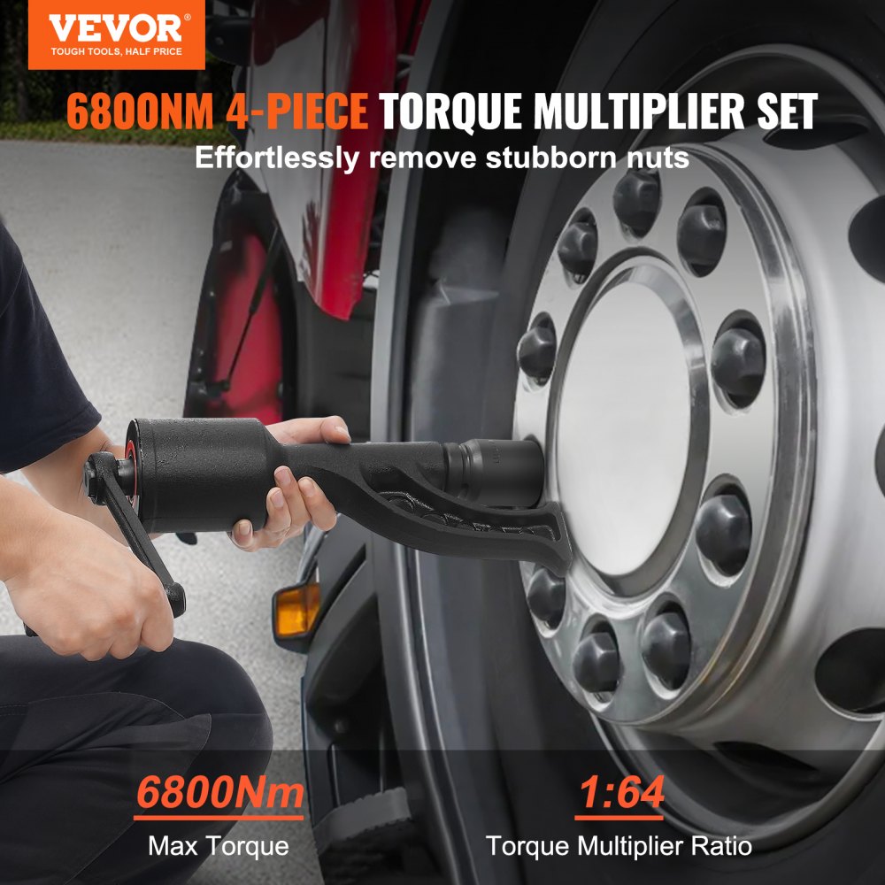 Persona que utiliza el multiplicador de torsión VEVOR para aflojar las tuercas de una rueda grande de un vehículo.