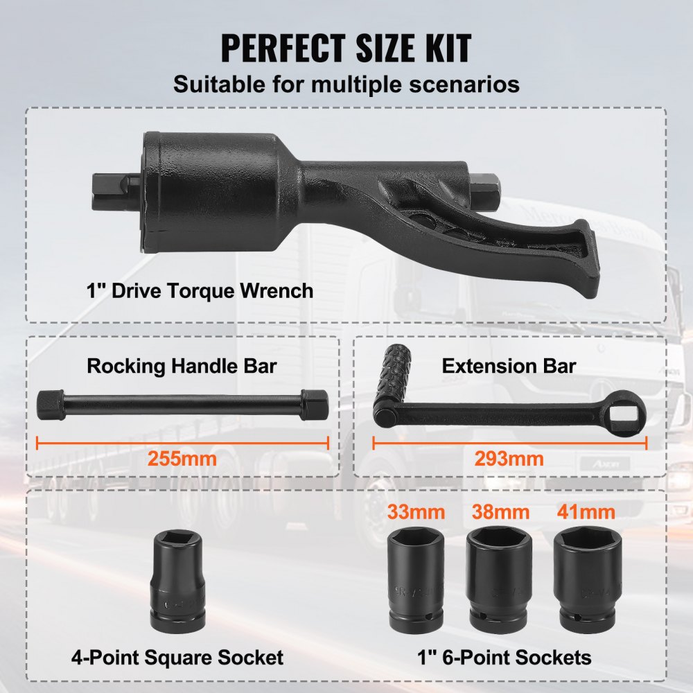 Kit multiplicador de torsión VEVOR con llave dinamométrica, manillar oscilante, barra de extensión y enchufes.