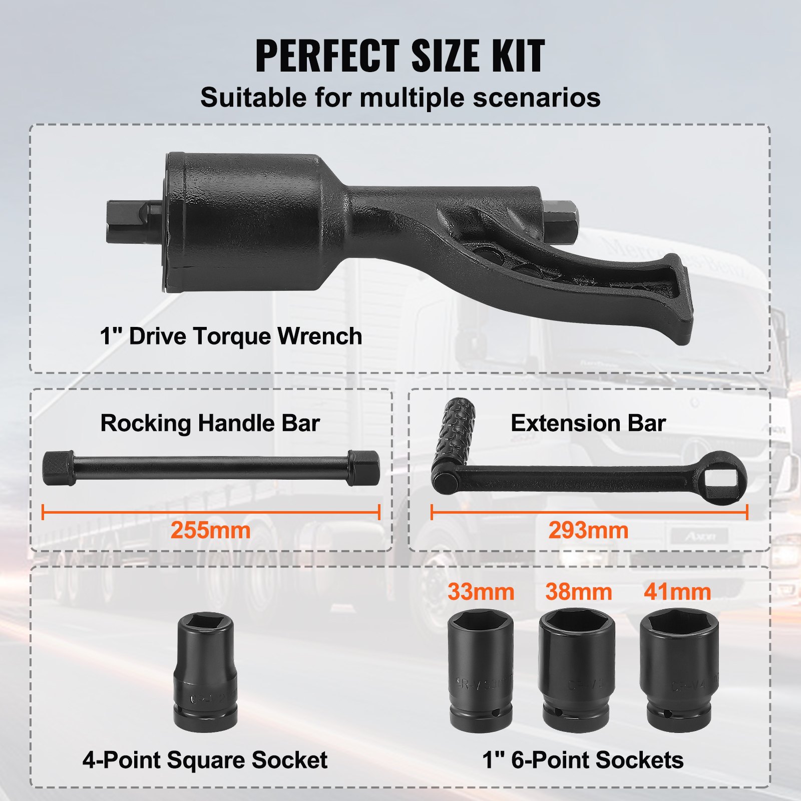 Kit multiplicador de torsión VEVOR con llave dinamométrica, manillar oscilante, barra de extensión y enchufes.
