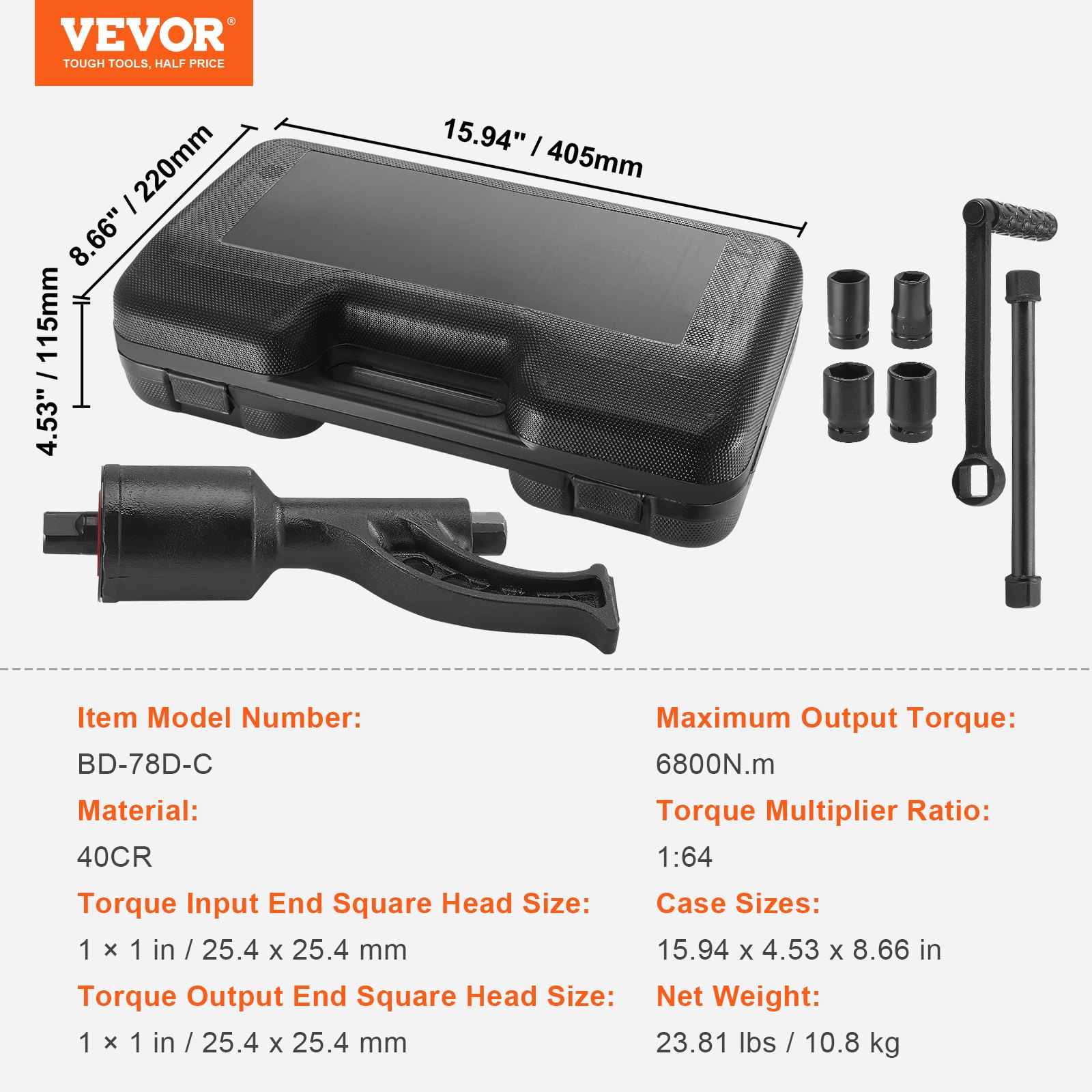 Kit multiplicador de torsión VEVOR con estuche, cabezales cuadrados de entrada/salida, llave y adaptadores. 15,94&quot; x 4,53&quot; x 8,66&quot;.