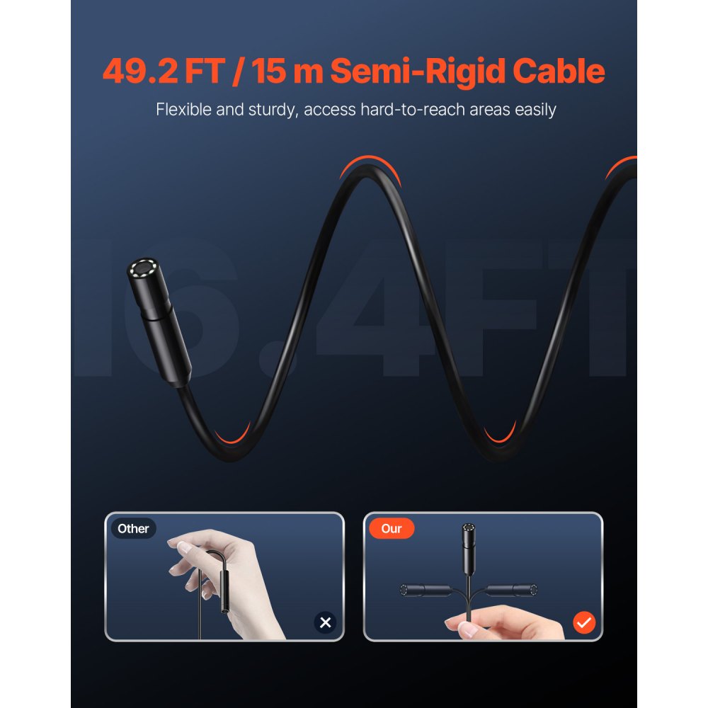 Cámara endoscópica VEVOR con cable semirrígido de 15 m, boroscopio HD 1920P para Android e iOS, cámara de inspección industrial con luz, 8 LED, zoom 2X, impermeable IP67, para automóviles y fontanería.
