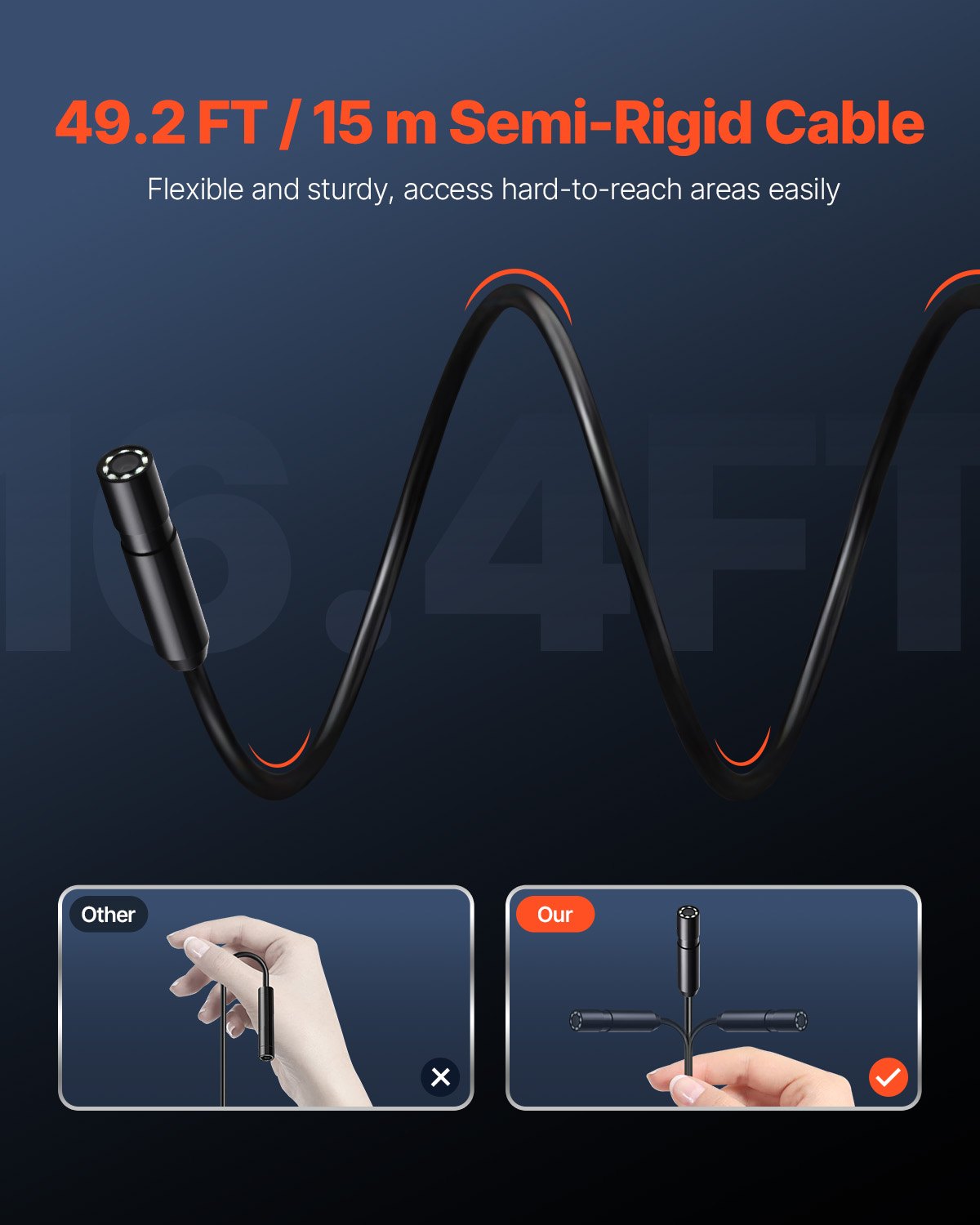 Cámara endoscópica VEVOR con cable semirrígido de 15 m, boroscopio HD 1920P para Android e iOS, cámara de inspección industrial con luz, 8 LED, zoom 2X, impermeable IP67, para automóviles y fontanería.