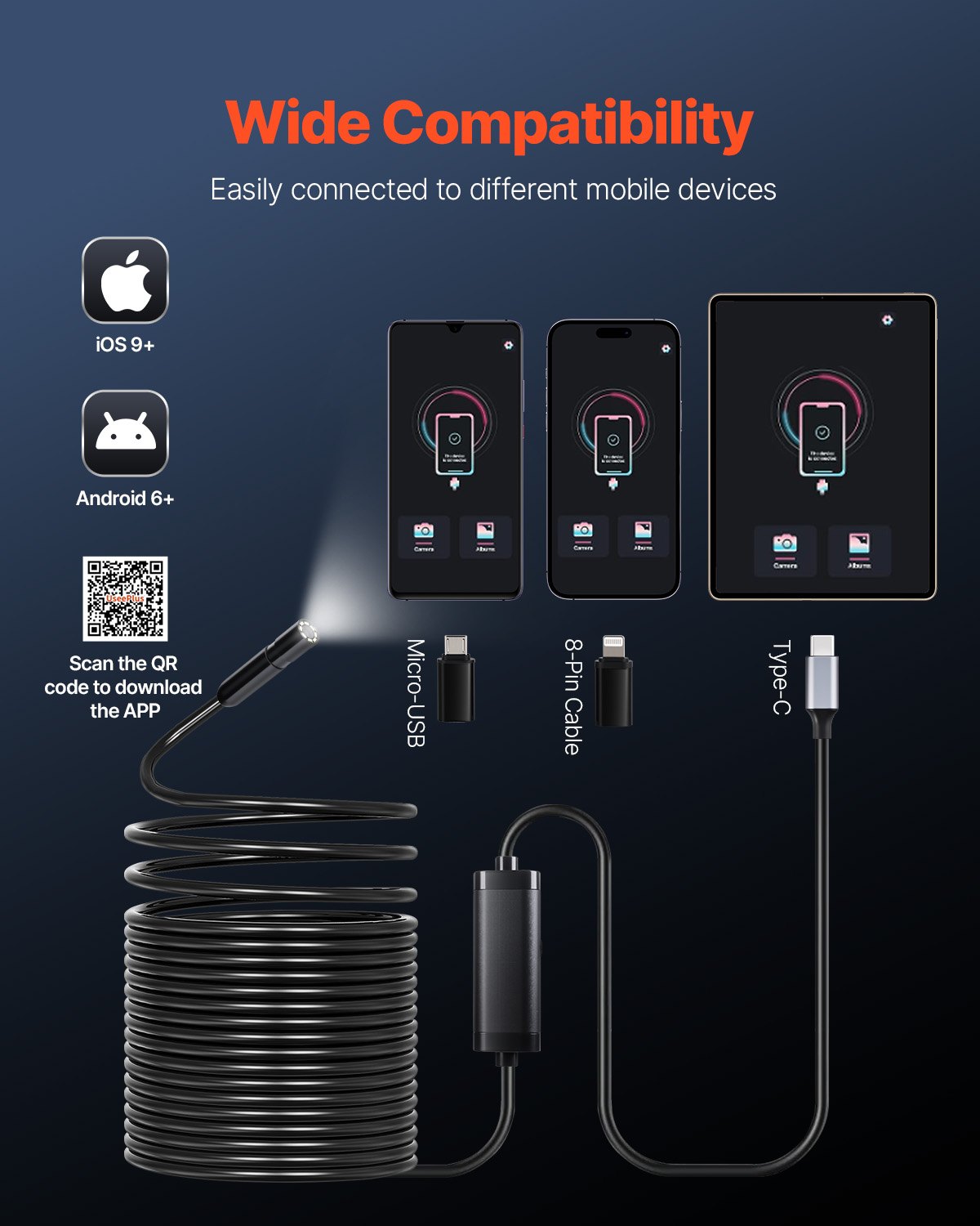 Cámara endoscópica VEVOR con cable semirrígido de 15 m, boroscopio HD 1920P para Android e iOS, cámara de inspección industrial con luz, 8 LED, zoom 2X, impermeable IP67, para automóviles y fontanería.