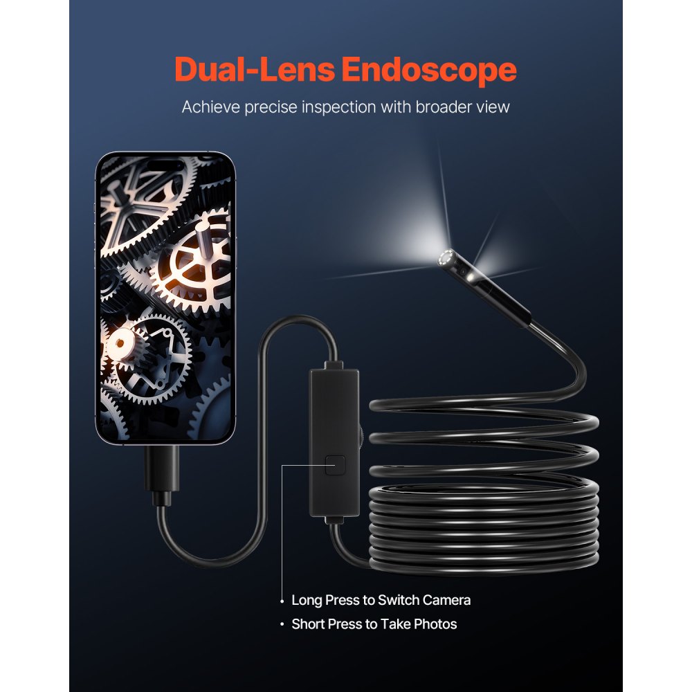 Cámara endoscópica VEVOR con luz, endoscopio de doble lente para Android e iOS, cámara de inspección HD 1920P con 8 + 1 luz LED, zoom 2X, cable flexible de 5 metros, cámara endoscópica impermeable IP67 para automóviles y plomería.