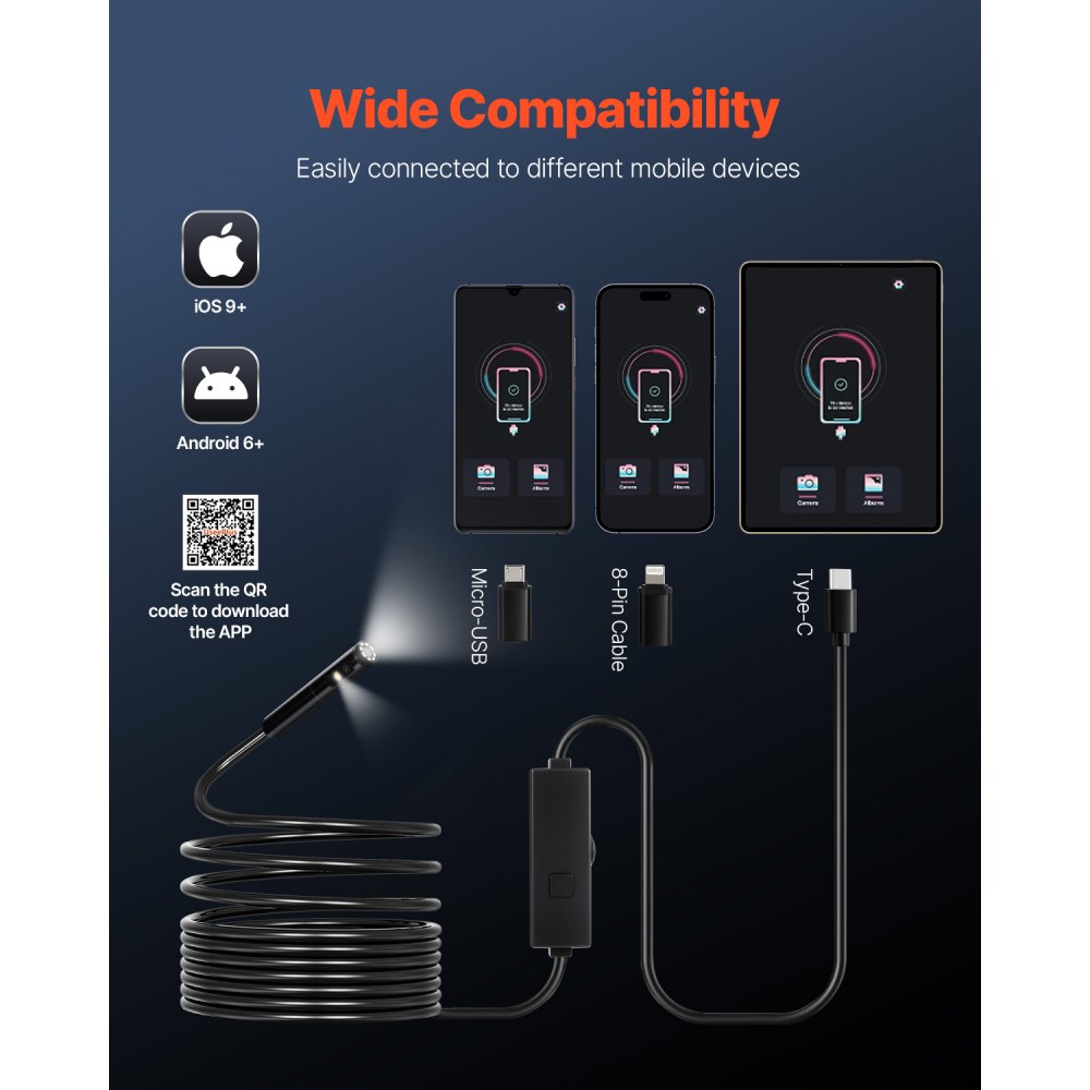 Cámara endoscópica VEVOR con luz, endoscopio de doble lente para Android e iOS, cámara de inspección HD 1920P con 8 + 1 luz LED, zoom 2X, cable flexible de 5 metros, cámara endoscópica impermeable IP67 para automóviles y plomería.