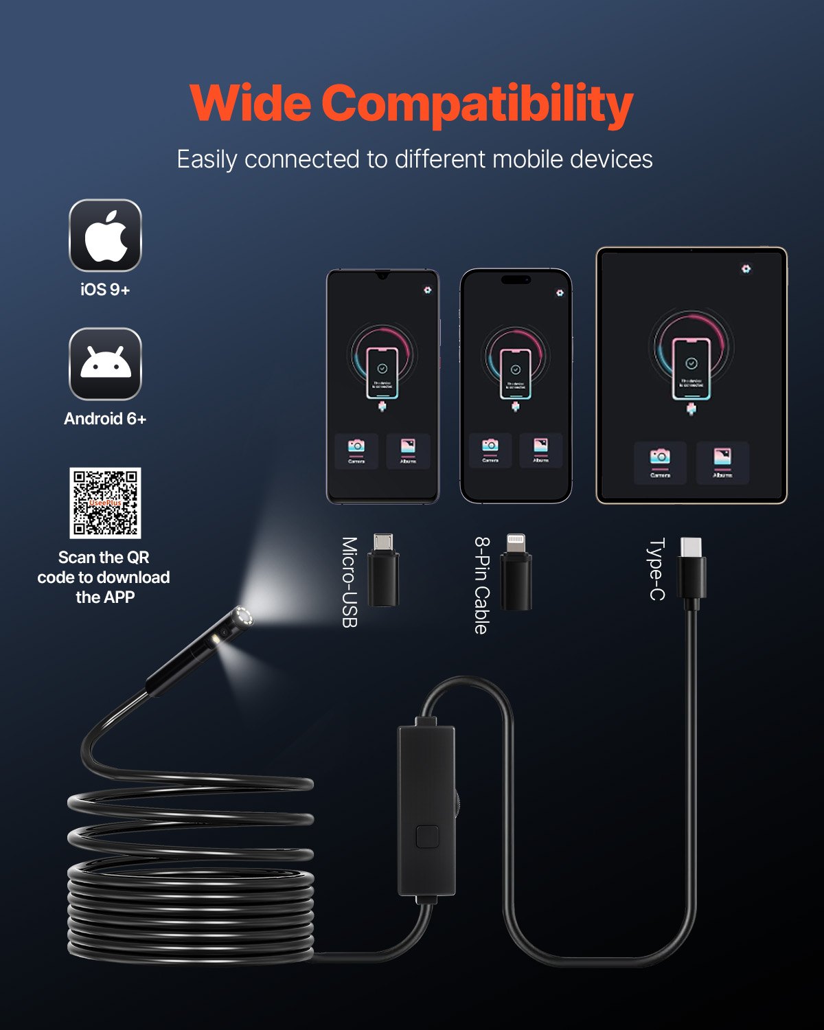 Cámara endoscópica VEVOR con luz, endoscopio de doble lente para Android e iOS, cámara de inspección HD 1920P con 8 + 1 luz LED, zoom 2X, cable flexible de 5 metros, cámara endoscópica impermeable IP67 para automóviles y plomería.
