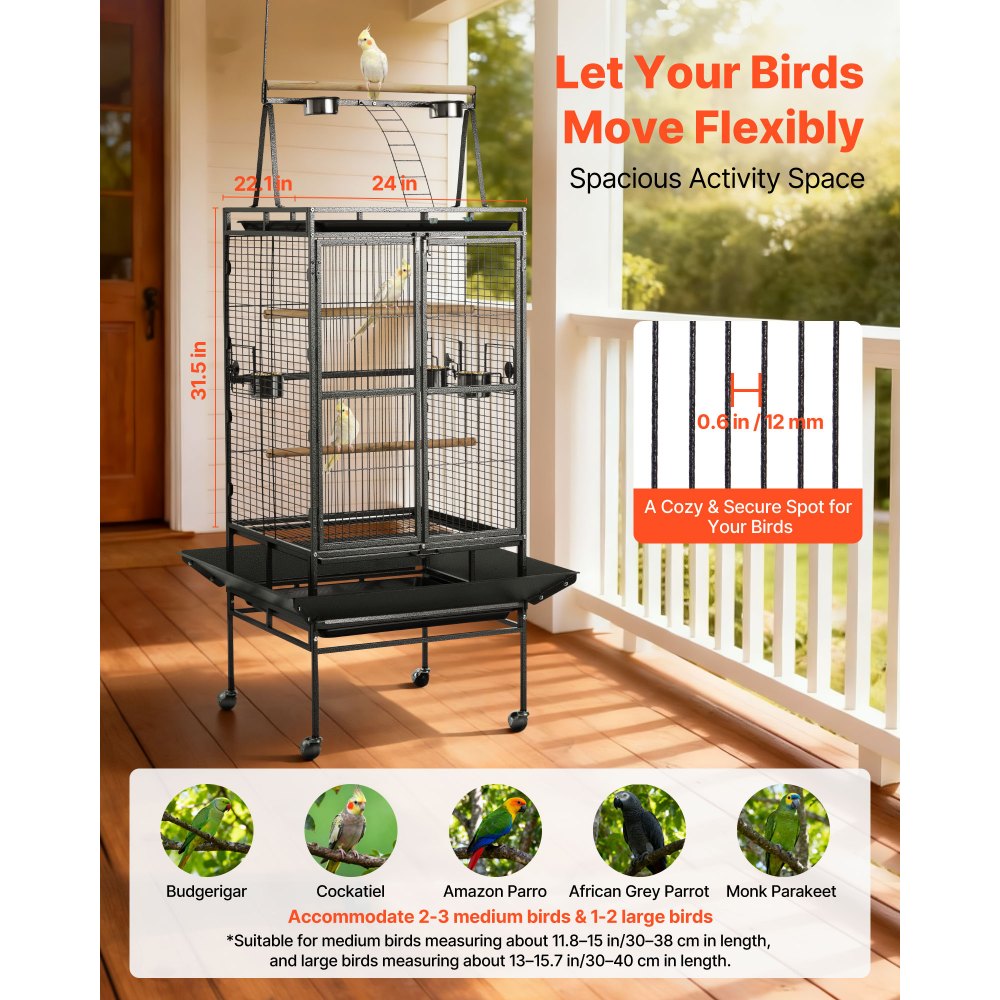 VEVOR Jaula para Pájaros, 830 x 790 x 2100 mm, con Techo Plano Abierto, con Perchas, Bandeja Extraíble y Comederos de Plástico, para Cotorras Argentinas, Loros Amazónicos y Loros Grises Africanos