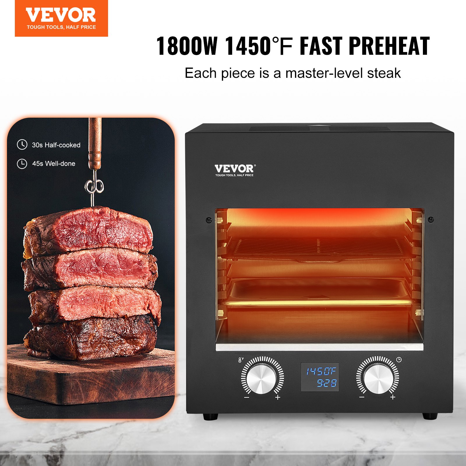 Parrilla eléctrica VEVOR para carne, 1800 W, parrilla infrarroja eléctrica sin humo, 720 °C, acero inoxidable, con rejilla ajustable de 6 niveles, ideal para barbacoa, tostadas y parrilla de interior.