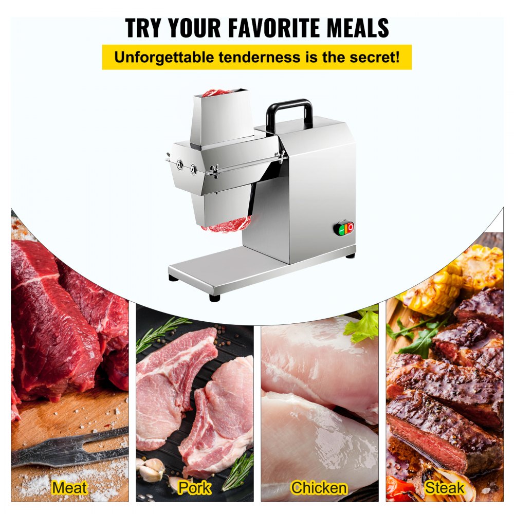 Ablandador de carne comercial VEVOR, 450 W, acero inoxidable, 110 V, herramienta de cocina eléctrica resistente para carne de res, pavo, pollo, cerdo, cordero, filete de pescado, 17 pulgadas, plateado