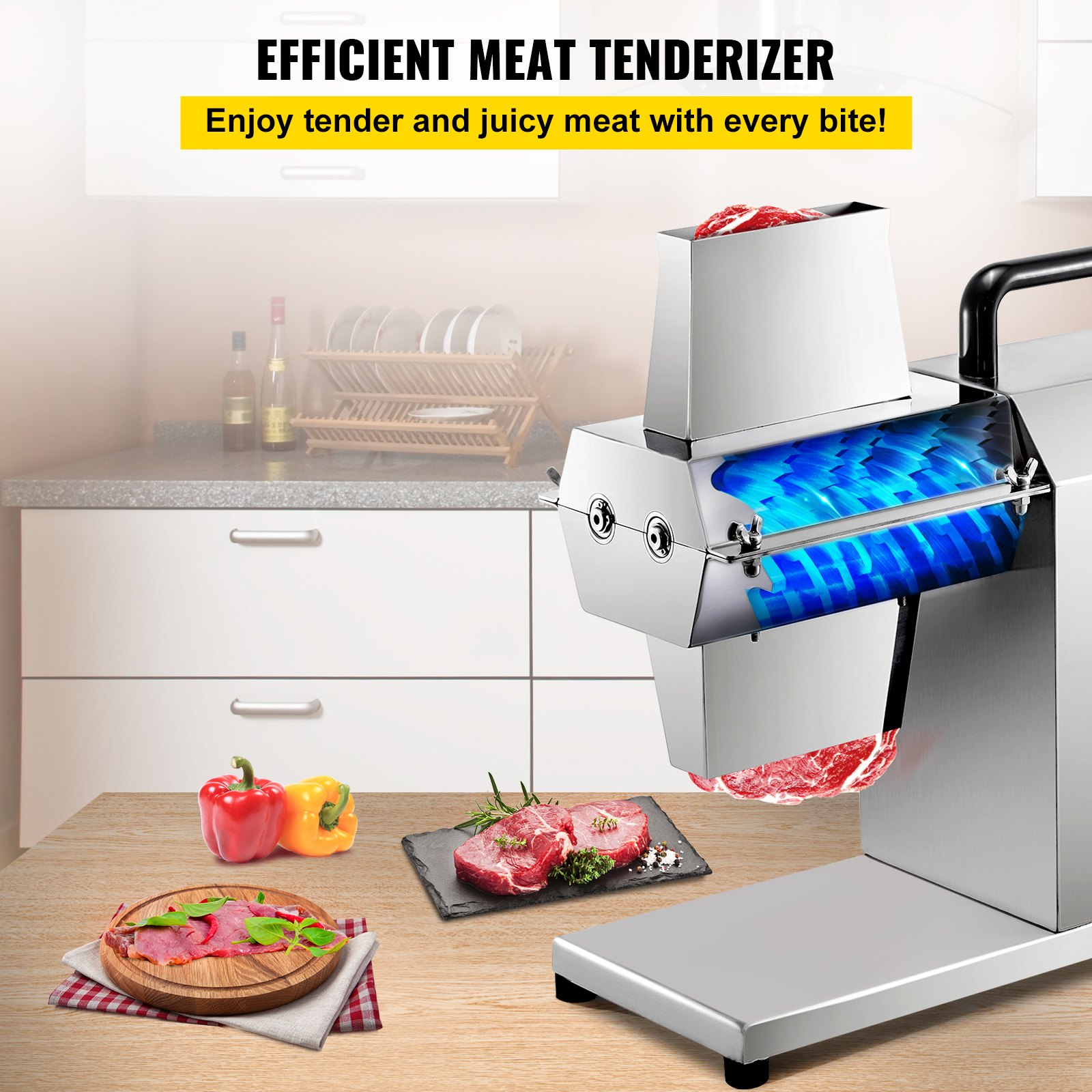 Ablandador de carne comercial VEVOR, 450 W, acero inoxidable, 110 V, herramienta de cocina eléctrica resistente para carne de res, pavo, pollo, cerdo, cordero, filete de pescado, 17 pulgadas, plateado