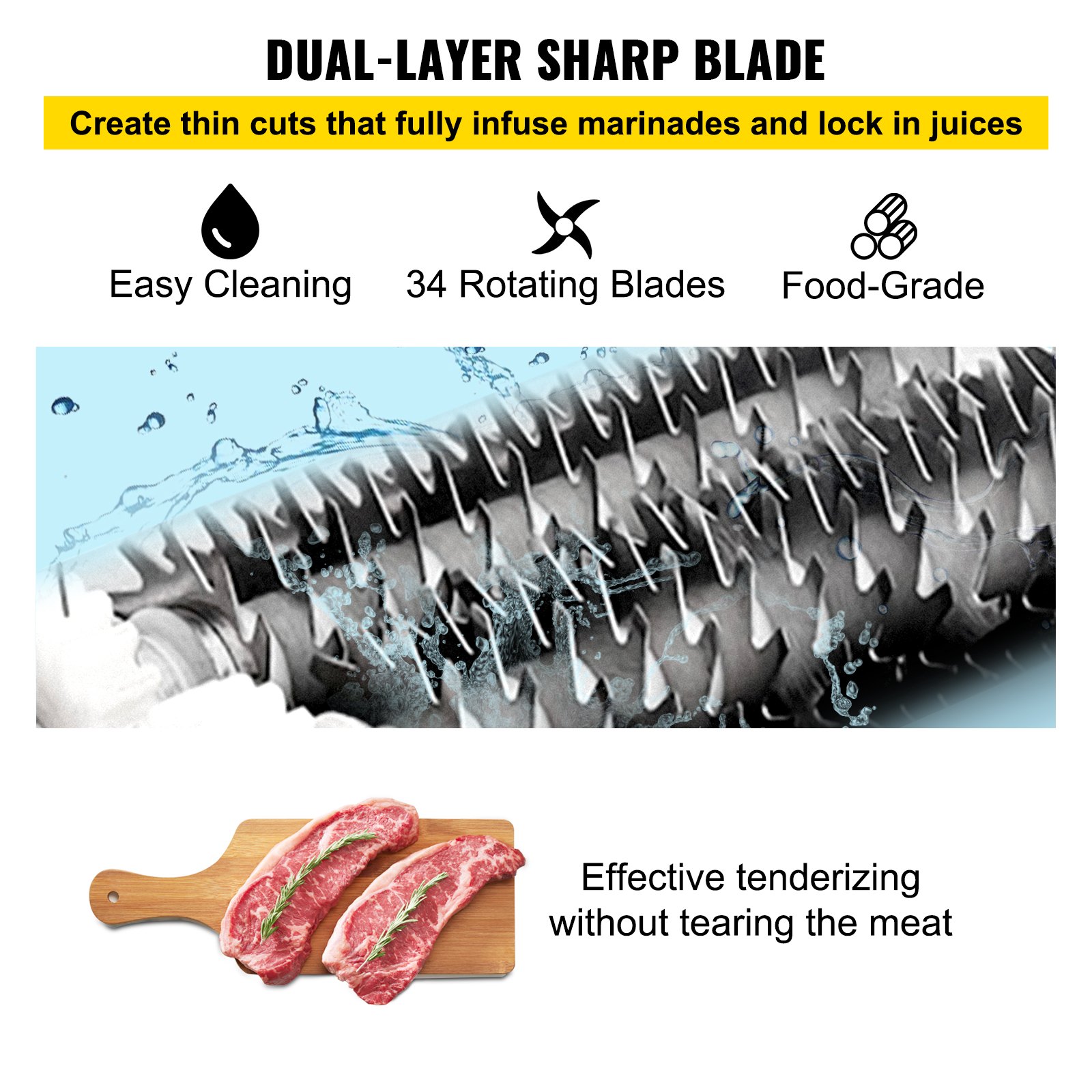 Ablandador de carne comercial VEVOR, 450 W, acero inoxidable, 110 V, herramienta de cocina eléctrica resistente para carne de res, pavo, pollo, cerdo, cordero, filete de pescado, 17 pulgadas, plateado