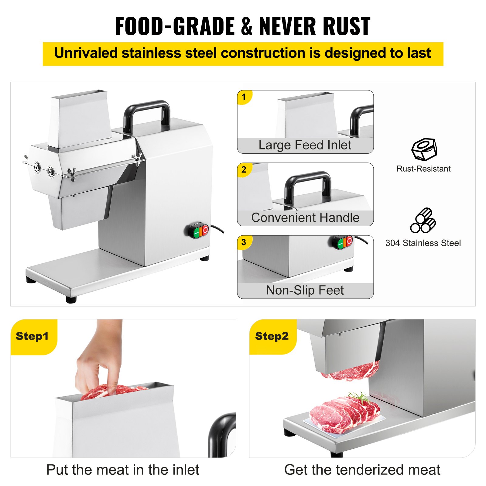 Ablandador de carne comercial VEVOR, 450 W, acero inoxidable, 110 V, herramienta de cocina eléctrica resistente para carne de res, pavo, pollo, cerdo, cordero, filete de pescado, 17 pulgadas, plateado