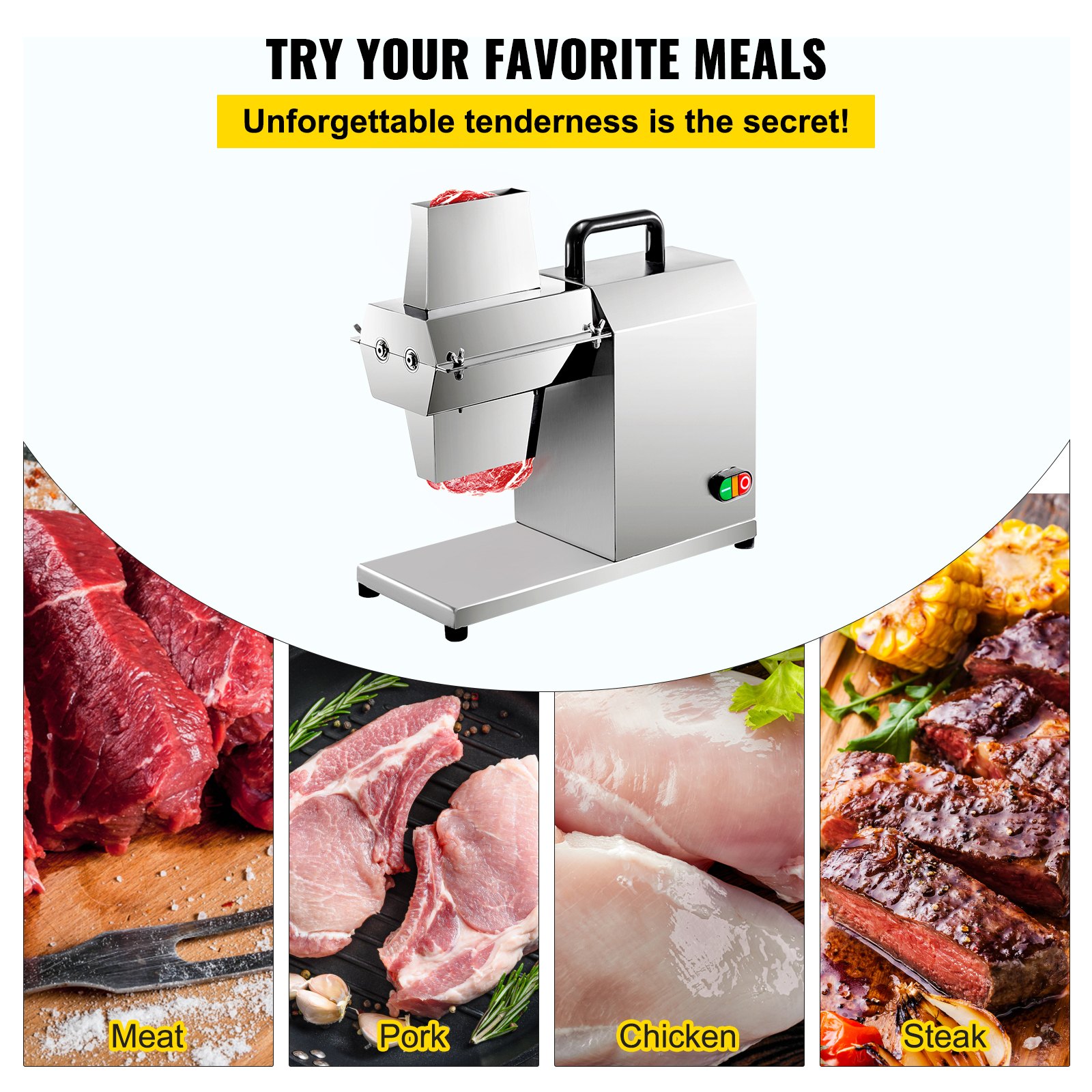 Ablandador de carne comercial VEVOR, 450 W, acero inoxidable, 110 V, herramienta de cocina eléctrica resistente para carne de res, pavo, pollo, cerdo, cordero, filete de pescado, 17 pulgadas, plateado