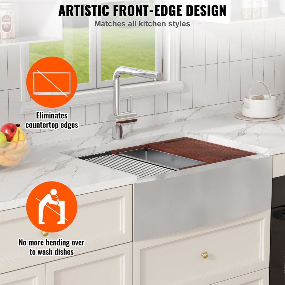Fregadero de cocina VEVOR Farmhouse, fregadero empotrable de acero inoxidable 304, lavabo individual de montaje superior con repisa y accesorios, fregadero doméstico apto para lavavajillas para estaciones de trabajo, cocinas de preparación y fregaderos de bar, 76 cm (30 pulgadas)