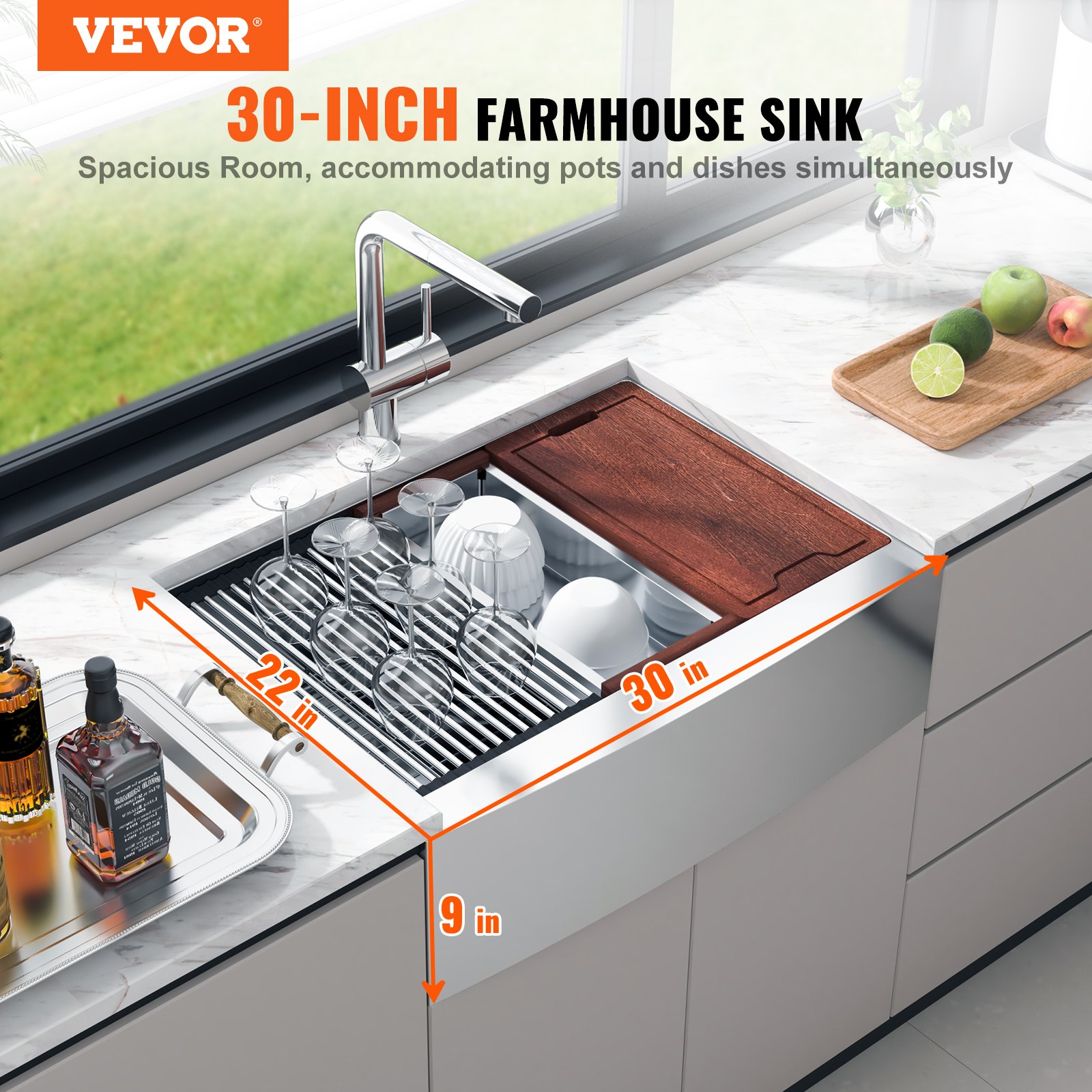 Fregadero de cocina VEVOR Farmhouse, fregadero empotrable de acero inoxidable 304, lavabo individual de montaje superior con repisa y accesorios, fregadero doméstico apto para lavavajillas para estaciones de trabajo, cocinas de preparación y fregaderos de bar, 76 cm (30 pulgadas)