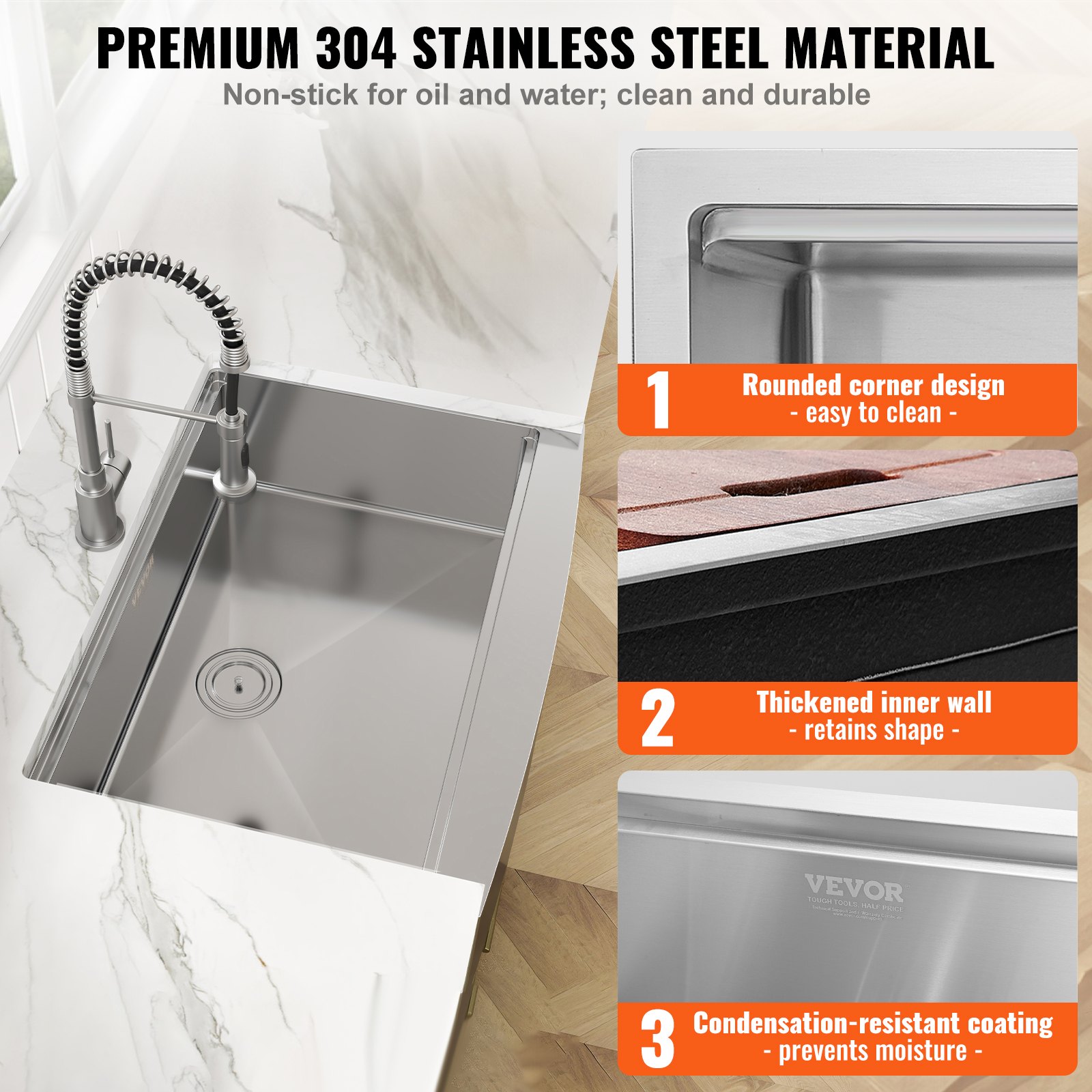 Fregadero de cocina VEVOR Farmhouse, fregadero empotrable de acero inoxidable 304, lavabo individual de montaje superior con repisa y accesorios, fregadero doméstico apto para lavavajillas para estaciones de trabajo, cocinas de preparación y fregaderos de bar, 76 cm (30 pulgadas)