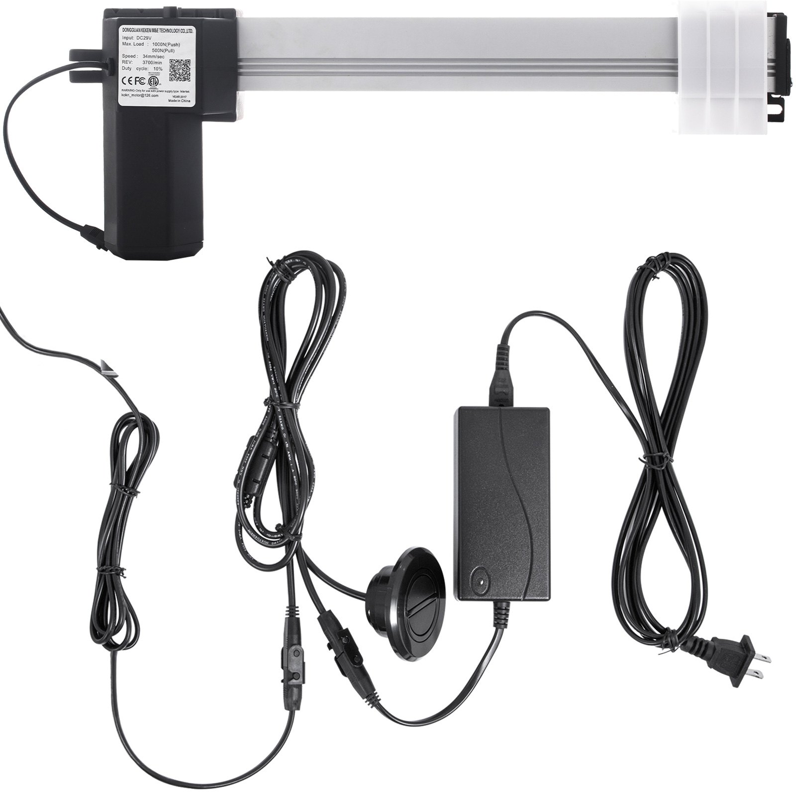 Motor reclinable eléctrico VEVOR con adaptador de corriente y cables de control.