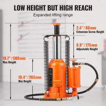 VEVOR Gato hidráulico de botella de aire, 20 toneladas/40000 libras, gato de botella completamente soldado, rango de elevación de 10.4-19.7 pulgadas, mango manual y bomba de aire, para automóvil, camioneta, camión, RV, reparación de automóviles, ingeniería industrial