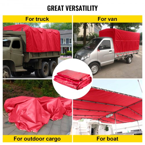 Lonas de cama plana VEVOR, lona de camión de cama plana de 18 oz, lona de madera de polietileno de 16 x 24 pies, lona de remolque roja resistente con anillos en D de acero inoxidable para camiones, furgonetas, botes pequeños, maquinaria y materiales para exteriores