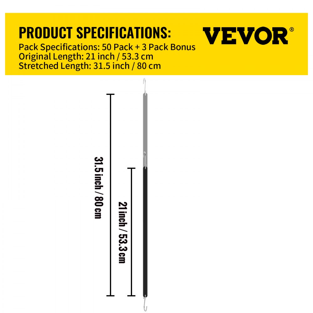 Especificaciones de los cordones elásticos de goma VEVOR: paquete de 50 + 3 adicionales; 21 pulgadas original, 31,5 pulgadas de largo estirado.