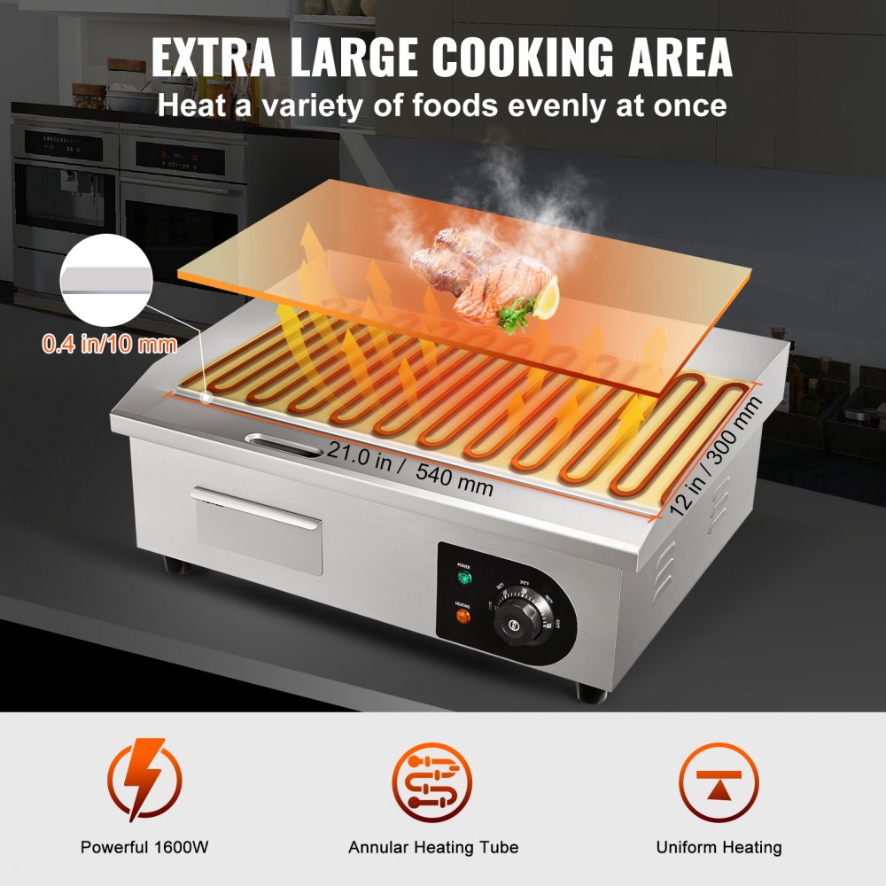 VEVOR Plancha eléctrica comercial, 21", 1600 W, parrilla superior plana para encimera, parrilla Teppanyaki de acero inoxidable con placa de cocción de hierro antiadherente, control de temperatura ajustable de 122-572 ℉, 2 palas y cepillos, 110 V