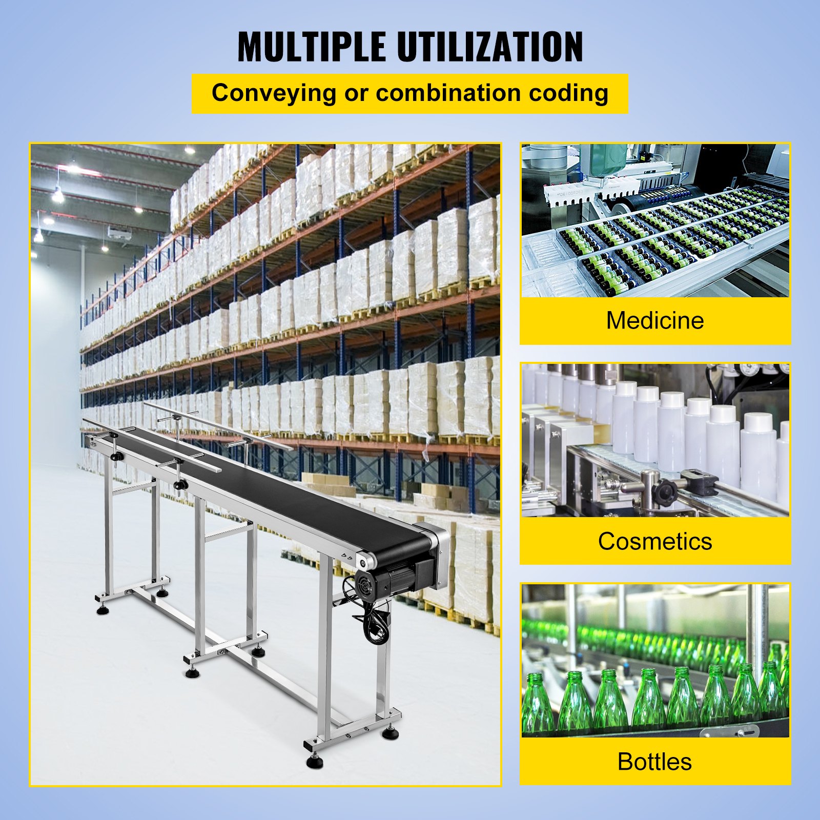 Cinta transportadora VEVOR de 71 pulgadas de largo, cinta transportadora de PVC de 7,8 pulgadas de ancho, transportador motorizado Transportador de transporte industrial, con barandas dobles Mesa transportadora ajustable antiestática Manipulación eléctrica